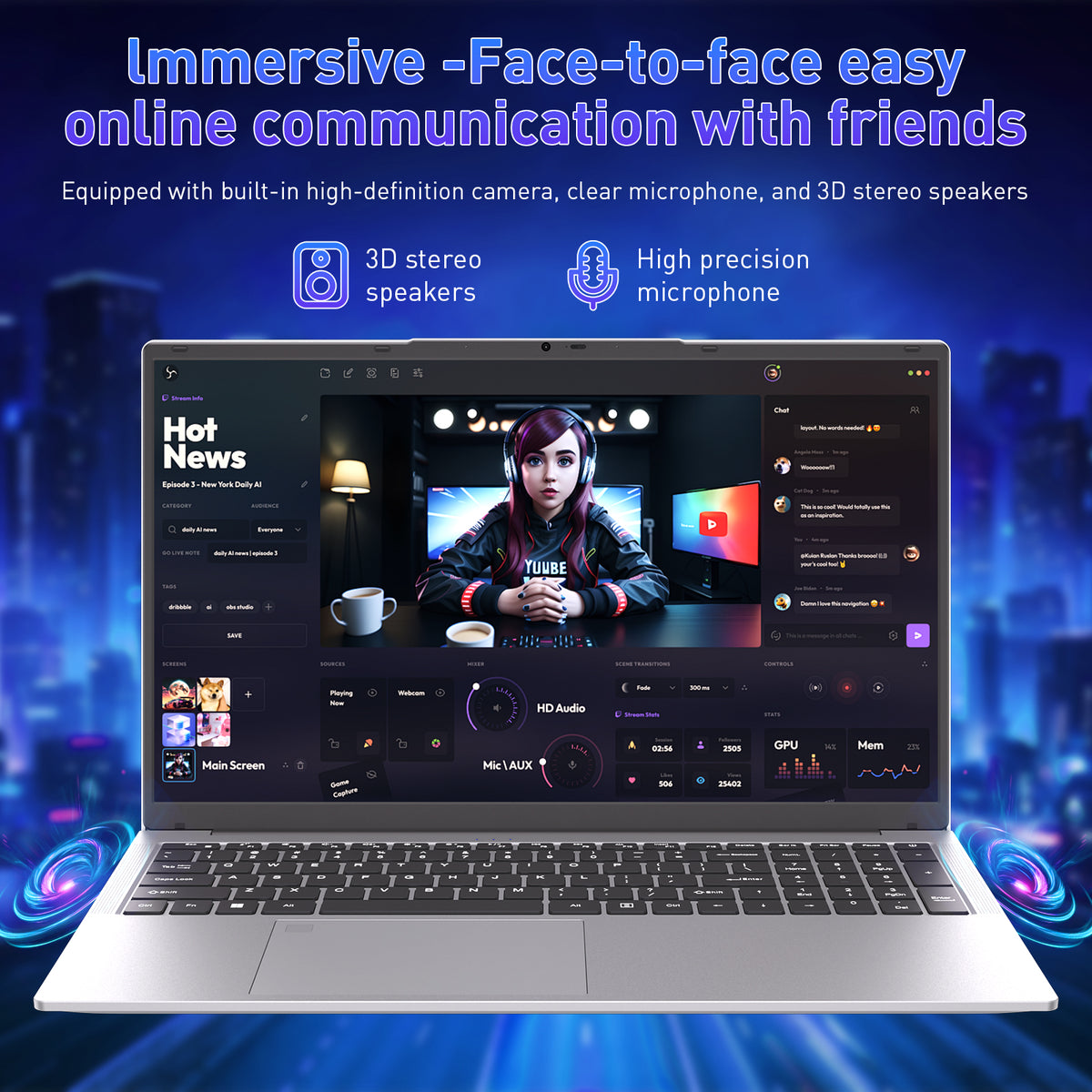Auusda Laptop 17,3 Zoll Notebook, 16GB DDR4 RAM 256GB SSD, 3250C Prozessor, Fingerabdrucksensor, beleuchtete Tastatur, Ziffernblock, Privacy-Kameraabdeckung, leichtes Notebook für Schule & Büro