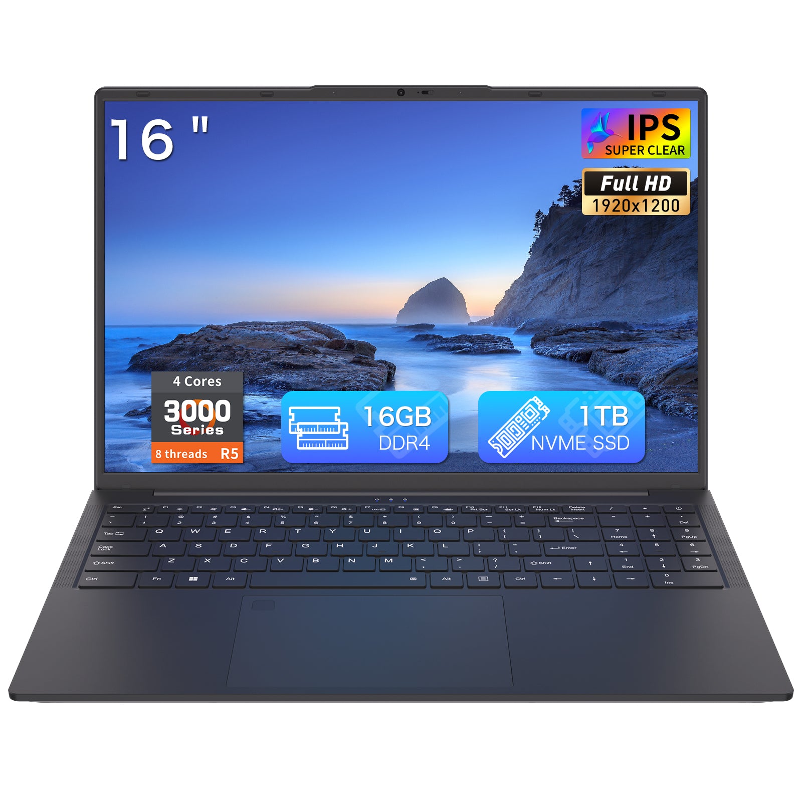 16" Type C Laptop with 16GB Dual DDR4 RAM+1TB SSD, 3000 Series High-Speed Performance(4C 8T up to 3.7GHz), 1200P IPS Display, WiFi 6 BT 5.3, Fingerprint Backlit Keyboard, USB 3.0/2.0, HDMI, SODIMM*2