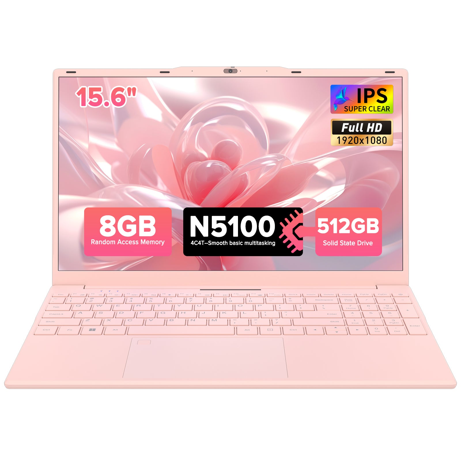auusda 15.6" FHD IPS Pink Laptop, Quad Core N5100 High Speed CPU, 8GB Dual RAM 512GB SSD, 6000mAh, USB3.0, Fingerprint Unlock, Backlit Keyboard - Ideal for Students & Business, Girl's Laptop computer