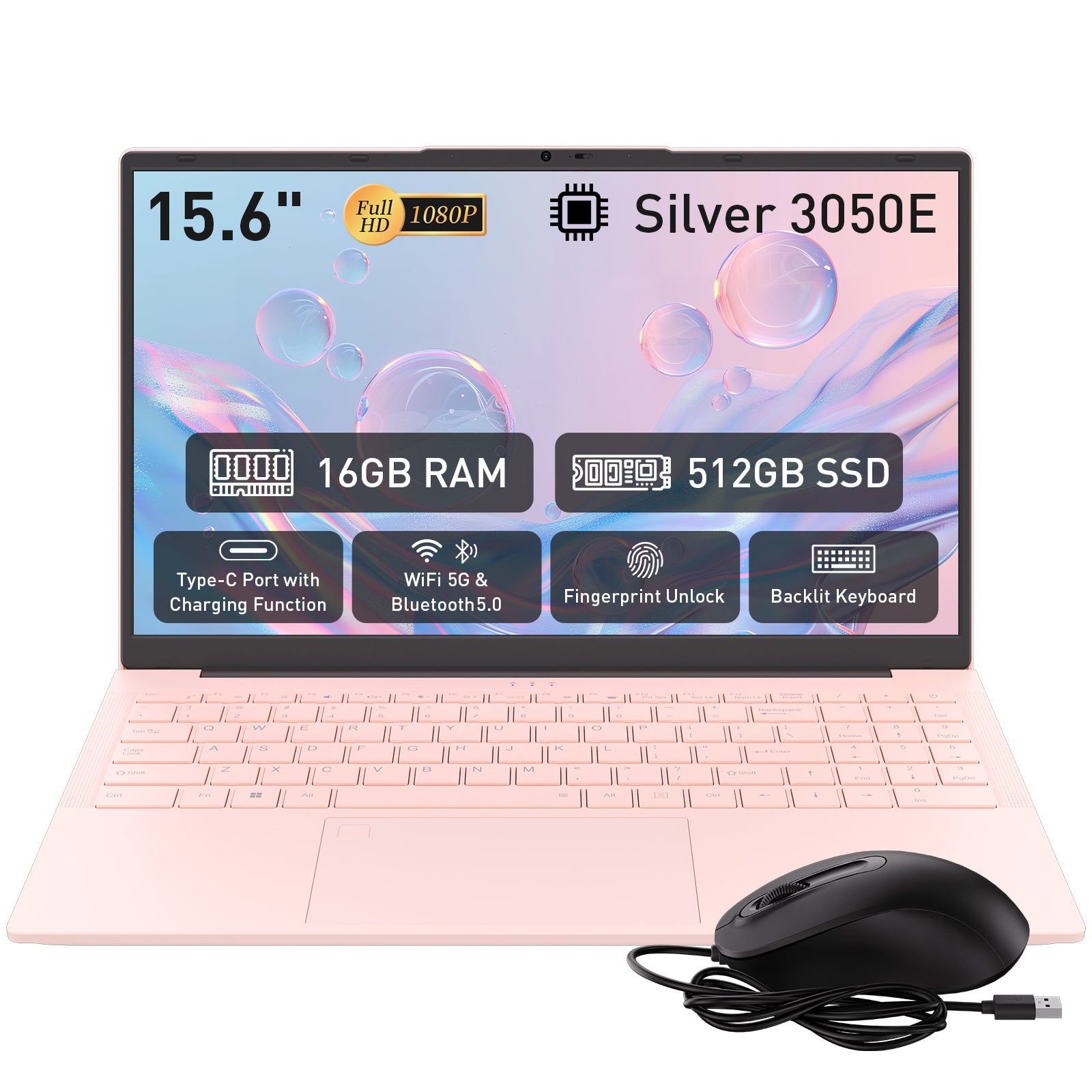 auusda 15.6" FHD IPS Laptop, 16GB RAM + 512GB SATA SSD, Fingerprint & Backlit Keyboard | USB 3.0/2.0, Full-Featured Type-C, HDMI, 6000mAh Battery, Pink Laptops Computer