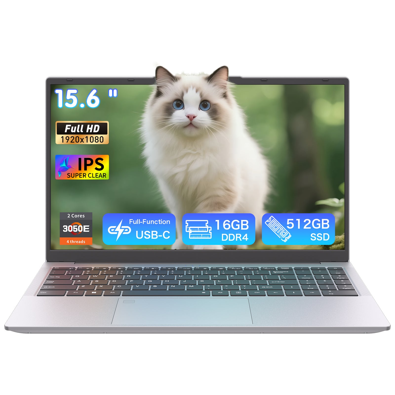 auusda 15.6" Win11PRO Laptop, 16GB RAM 512GB SSD, Max 8TB Backlit Keyboard, Fingerprint Sensor, USB-C, 6000mAh, Ideal for Student & Business