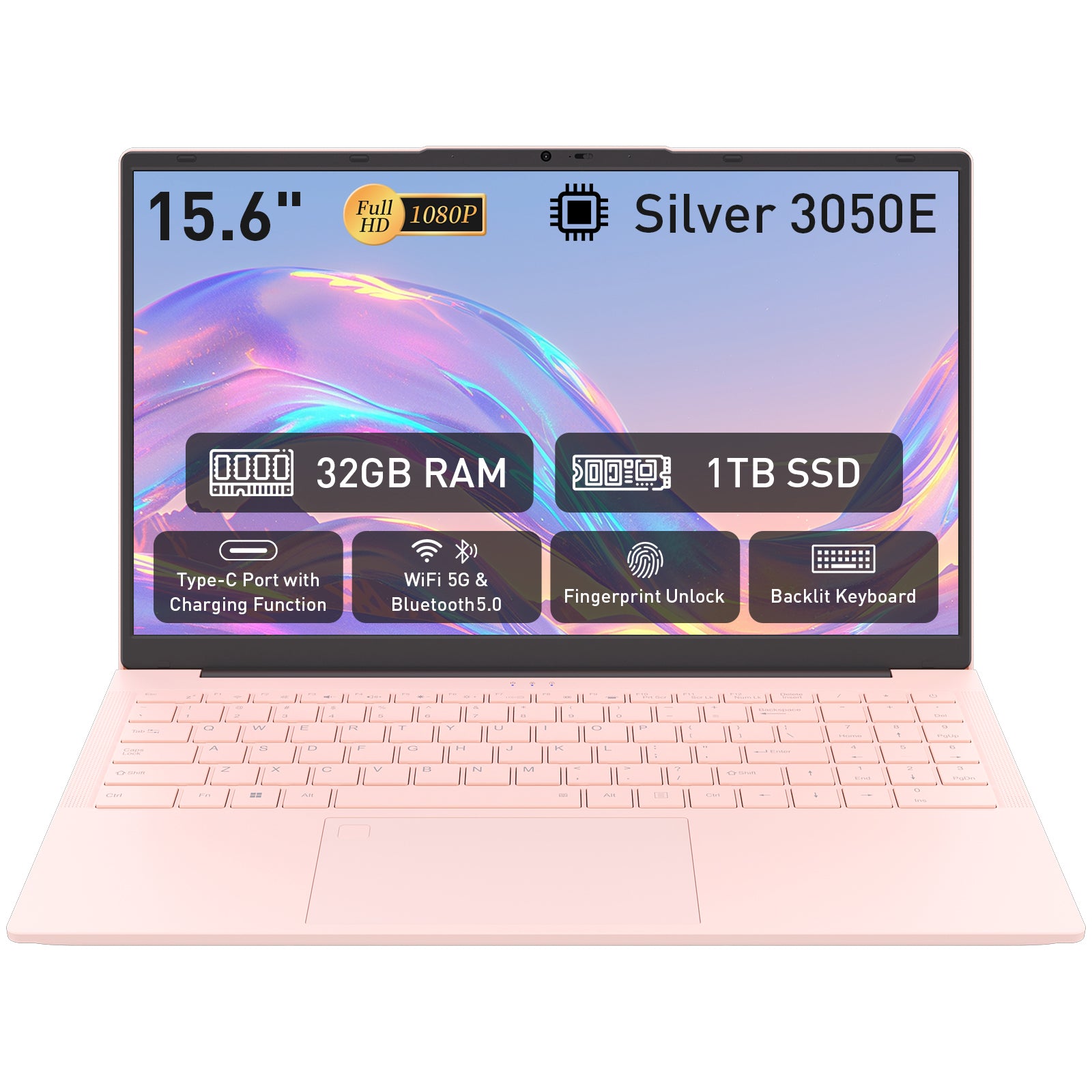 15.6-inch Thin and Light Laptop, IPS Full HD Screen, Athlon Silver 3050E, 32GB DDR4 Memory, 1TB SSD, WiFi 5/USB 3.0/Type-C/HDMI/BT 4.2, Win 11 Pro, Perfect for Work, Study and Entertainment, Pink