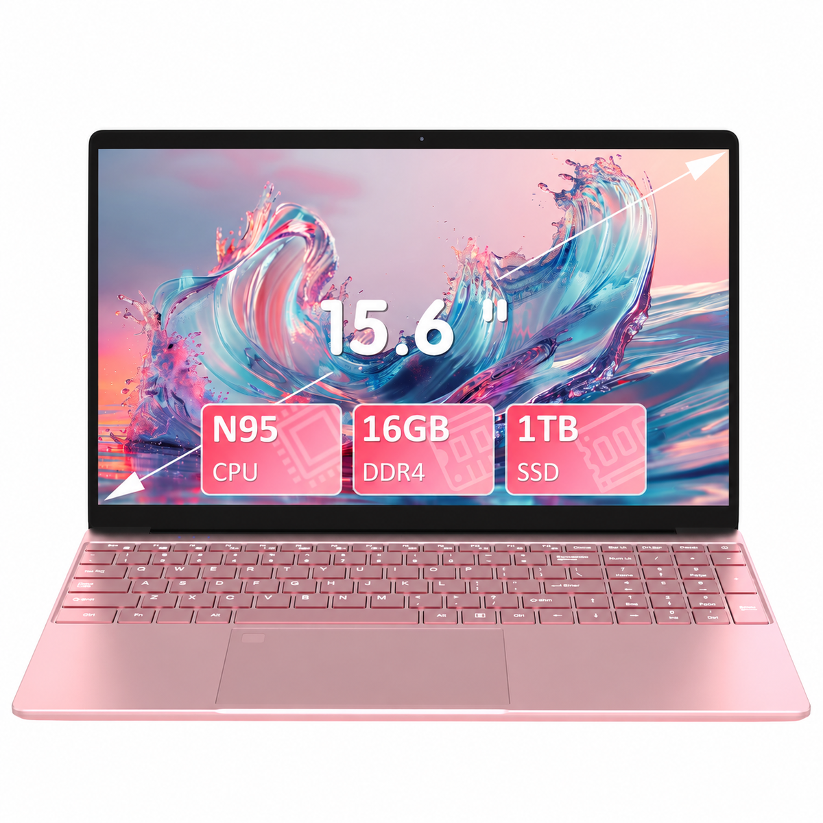 Auusda Laptop 15,6 Zoll Rosa, N95 4-Kern-Prozessor, 16GB DDR4 RAM 1TB NVMe SSD, Notebook mit Full HD Display, Beleuchtete Tastatur, Fingerabdrucksensor, für Büro und Studium