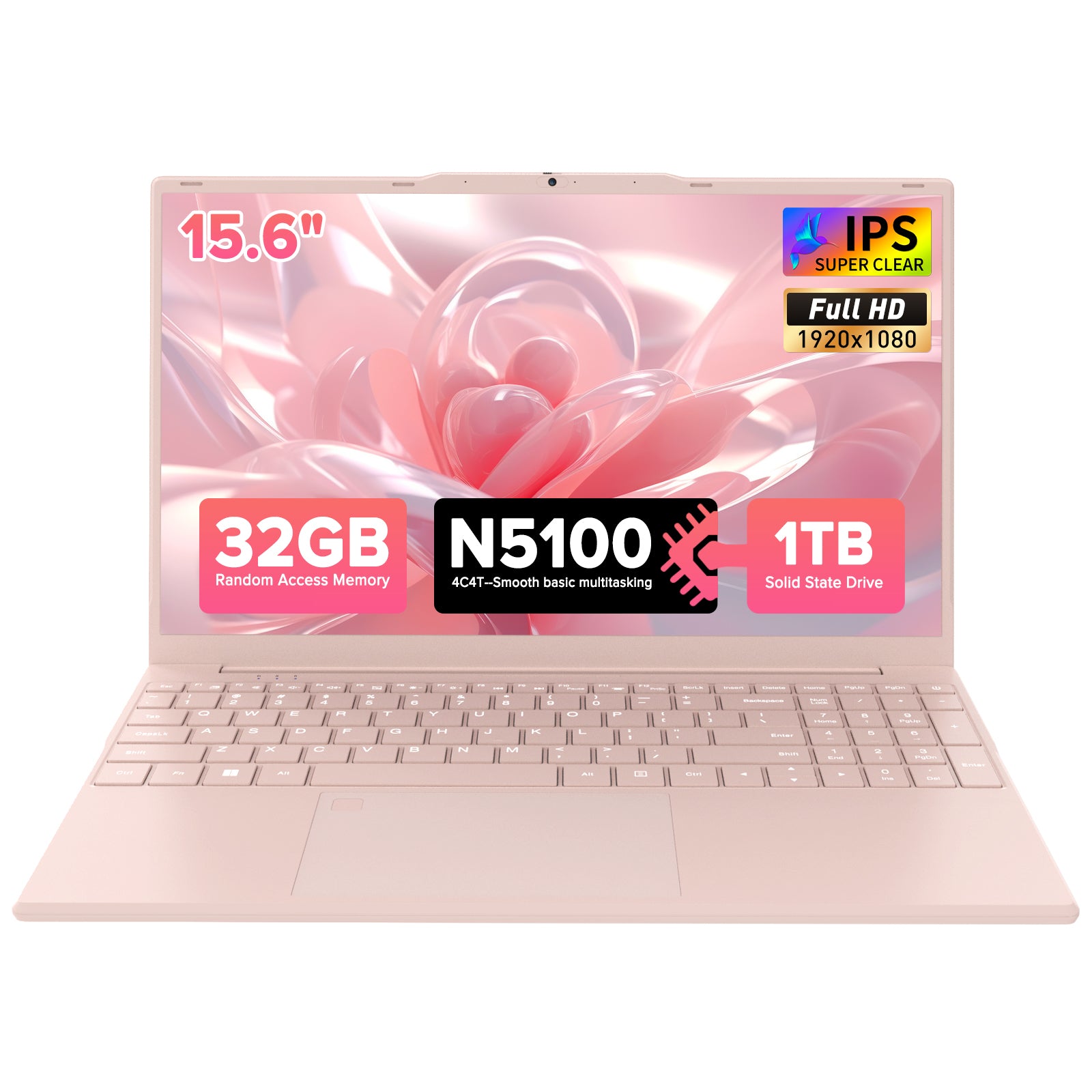 auusda 15.6Inch Laptop, 32GB Dual Channel RAM, 1TB SSD, up to 2.80 GHz, Fingerprint Unlock, Backlit Keyboard - Ideal for Students & Professionals, 6000mAh, USB3.0*2, Pink Computer