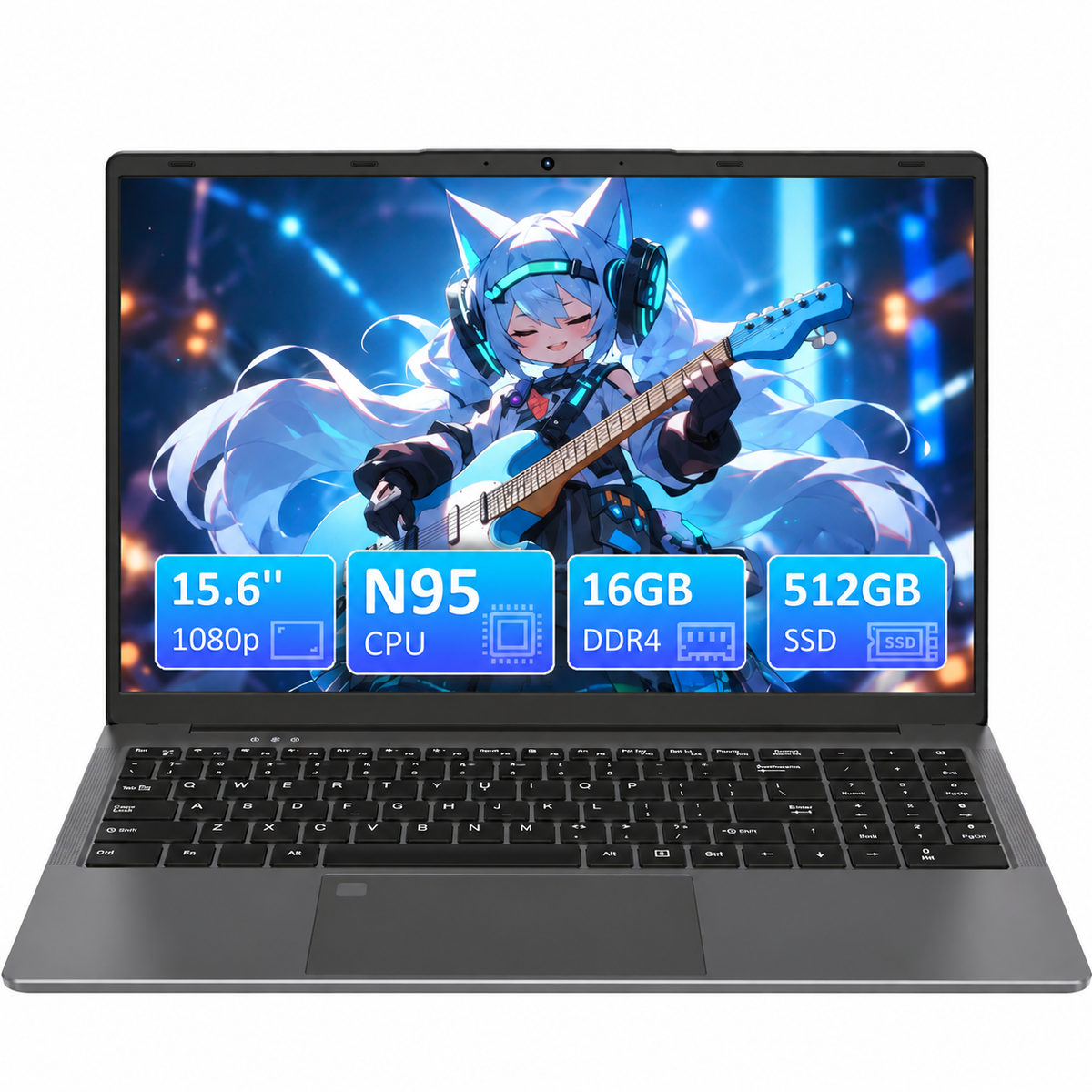 Auusda Laptop 15,6 Zoll Grau, N95 4-Kern-Prozessor, 16GB DDR4 RAM 512GB NVMe SSD, Notebook mit Full HD Display, Beleuchtete Tastatur, Fingerabdrucksensor, für Büro und Studium