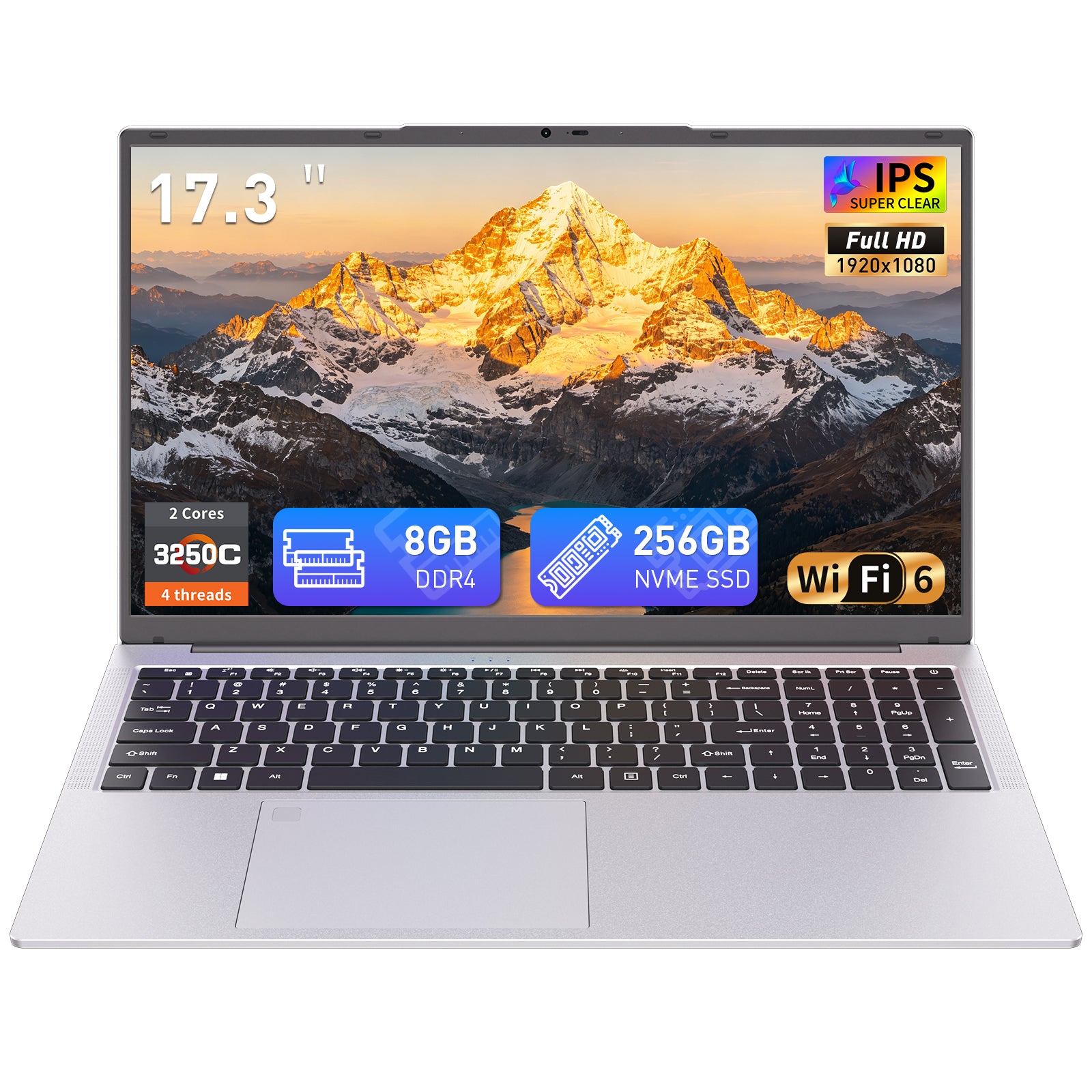 Auusda Laptop 17.3 Zoll Notebook, 8GB DDR4 RAM 256GB SSD, 3250C Prozessor, Fingerabdrucksensor, beleuchtete Tastatur, Ziffernblock, Privacy-Kameraabdeckung, leichtes Notebook fĂŒr Schule & BĂŒro
