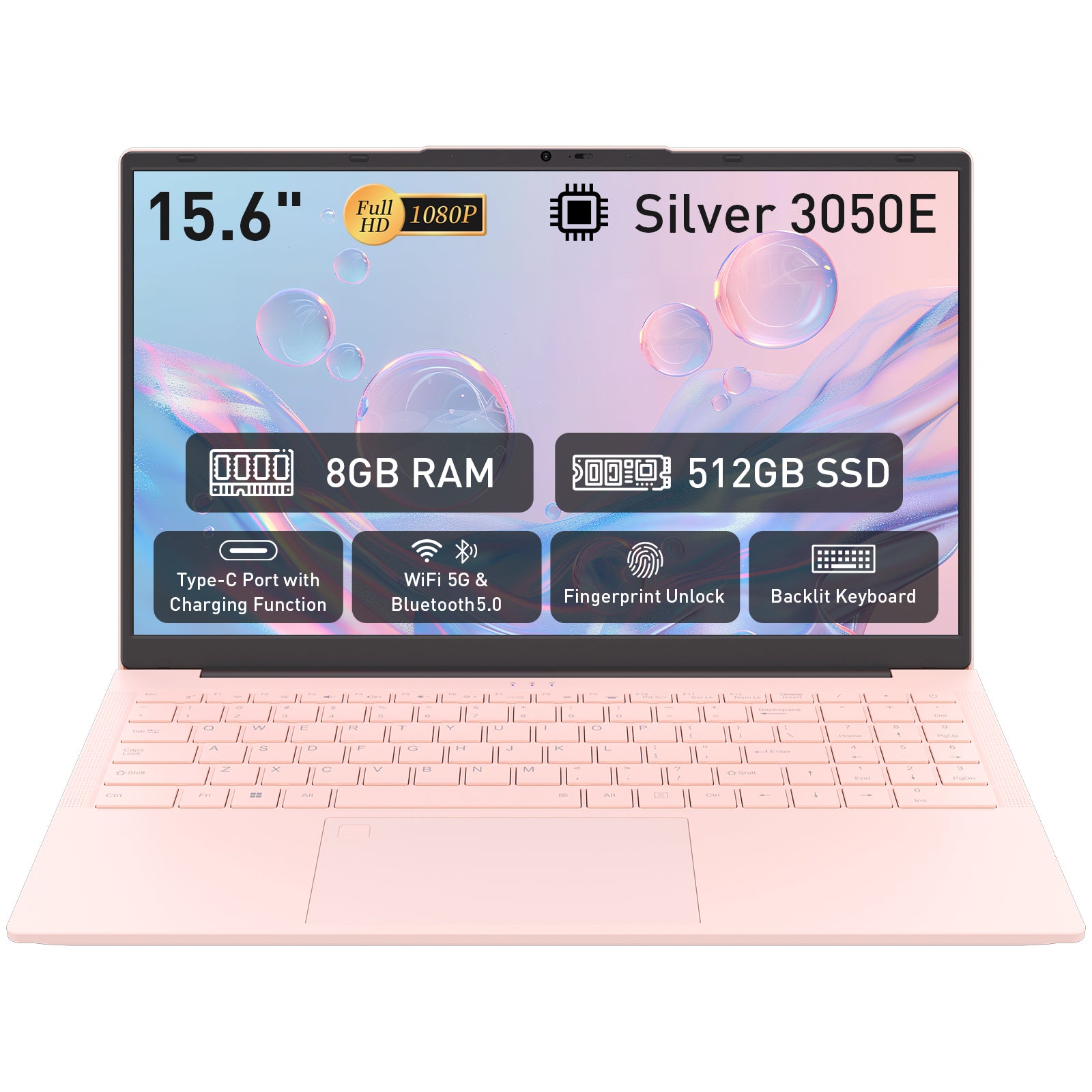 auusda 15.6" FHD IPS Laptop | 8GB RAM + 512GB SATA SSD | 6000mAh Battery | Fingerprint & Backlit Keyboard | USB 3.0/2.0, Full-Featured Type-C, HDMI, Pink Laptops Computer