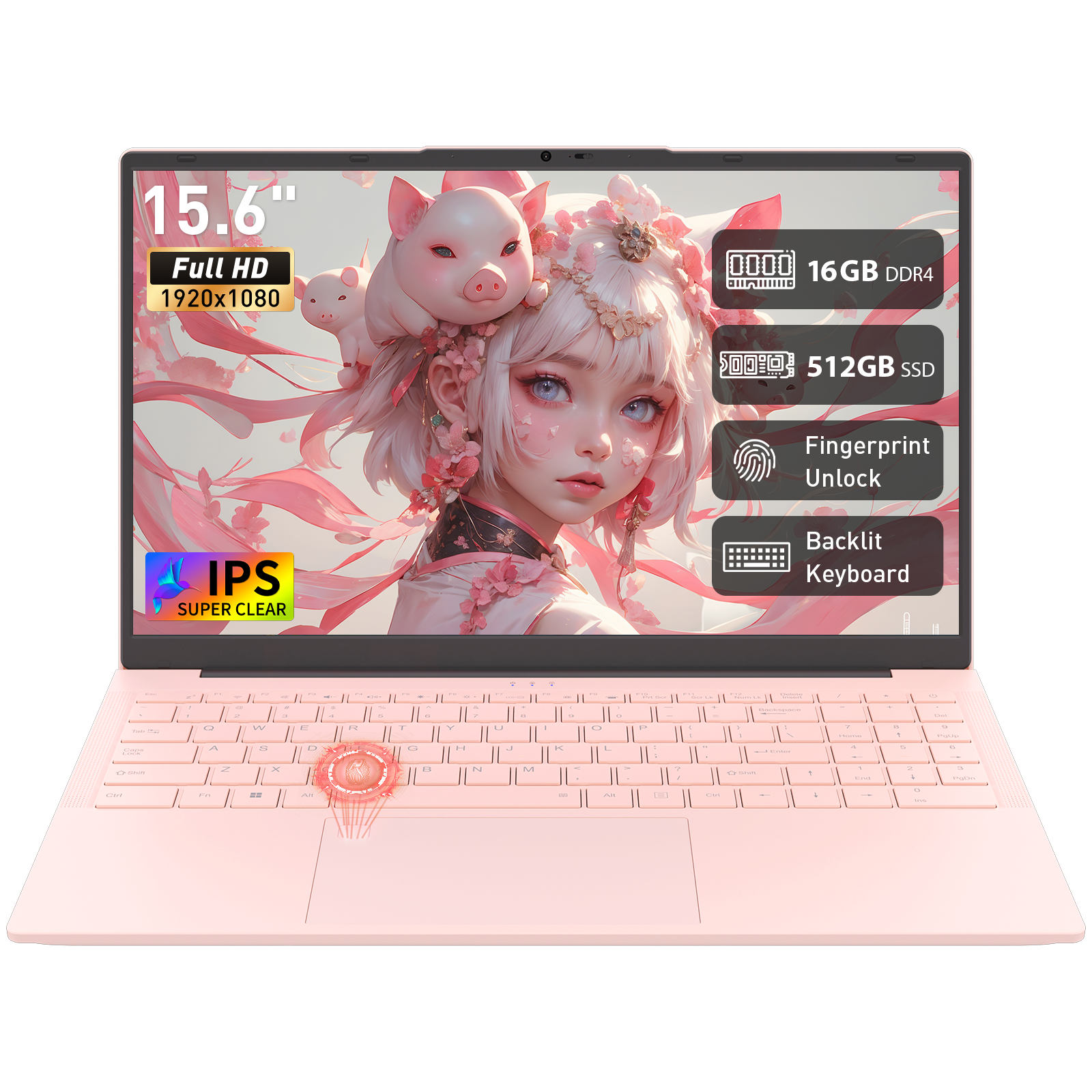 auusda 15.6" Win11PRO Laptop, 16GB RAM 512GB SSD, Max 8TB Pink Lightweight Laptop, Backlit Keyboard, Fingerprint Sensor, USB-C, 6000mAh, Ideal for Student & Business