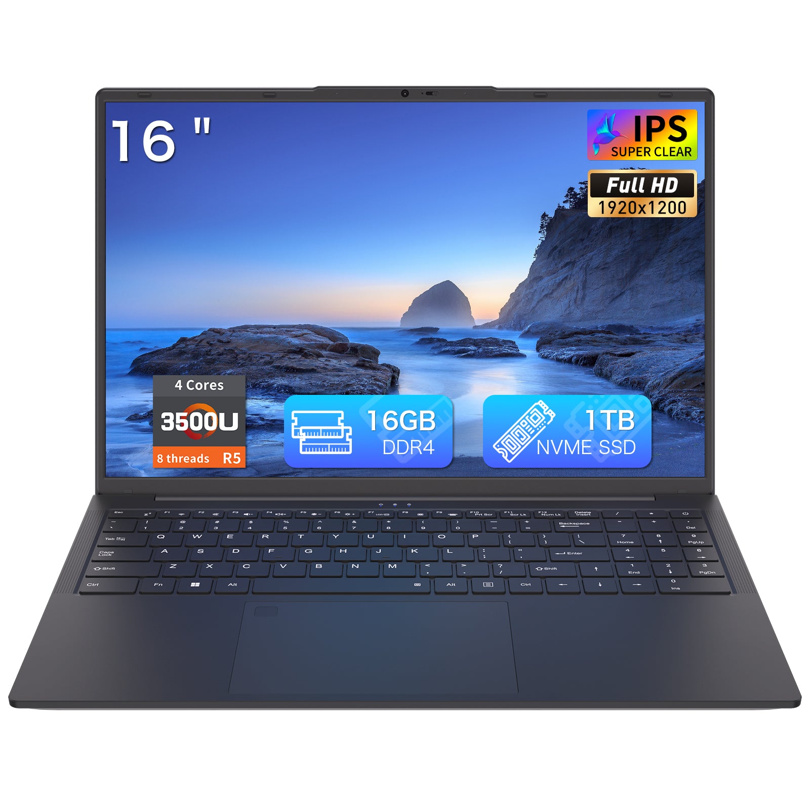 16.1-inch Thin and Light Laptop, IPS Full HD Screen, R5 3500U 16GB DDR4 Memory, 1TB SSD, WiFi 5/USB 3.0/Type-C*2/HDMI/BT 4.2, Win 11 Pro, Perfect for Work, Study and Entertainment, Black