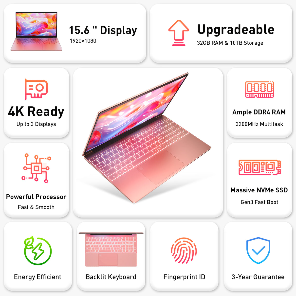 auusda Laptop Computer, 15.6 Inch, 32GB RAM, 1TB SSD NVMe, Rosy