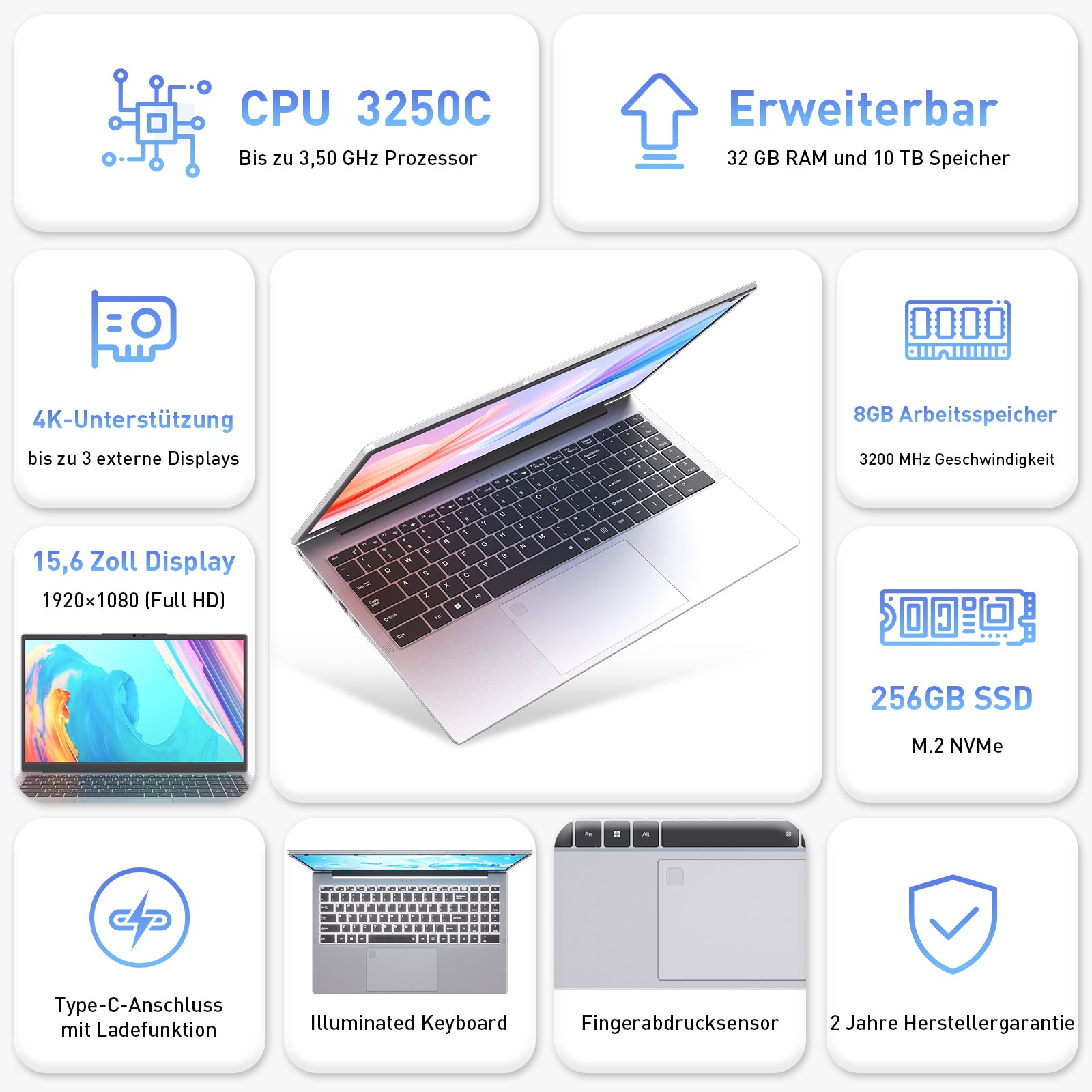 auusda Laptop 15,6 Zoll, Notebook mit 8GB RAM 256GB SSD, Fingerabdrucksensor, beleuchtete Tastatur, 3250C Prozessor, Ziffernblock, Privacy Kameraabdeckung, leicht & ideal fĂŒr BĂŒro und Schule