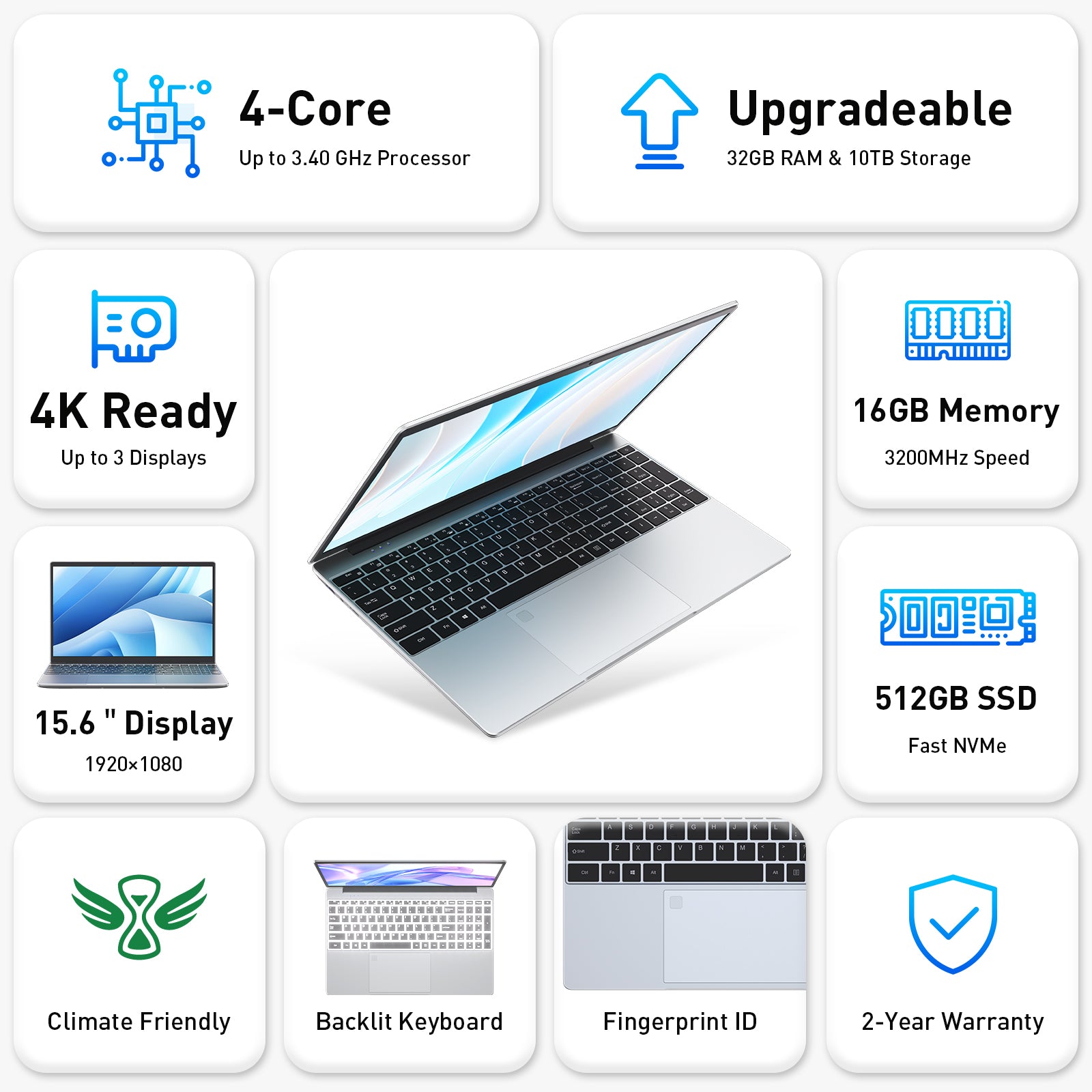 Auusda Business Laptop Computer for Work, Notebook PC for College Students, 15.6" FHD Display, 4-Core Processor, Backlit Keyboard, Fingerprint Sensor, Up to 10TB Storage, 16GB RAM, 512GB SSD, Silver