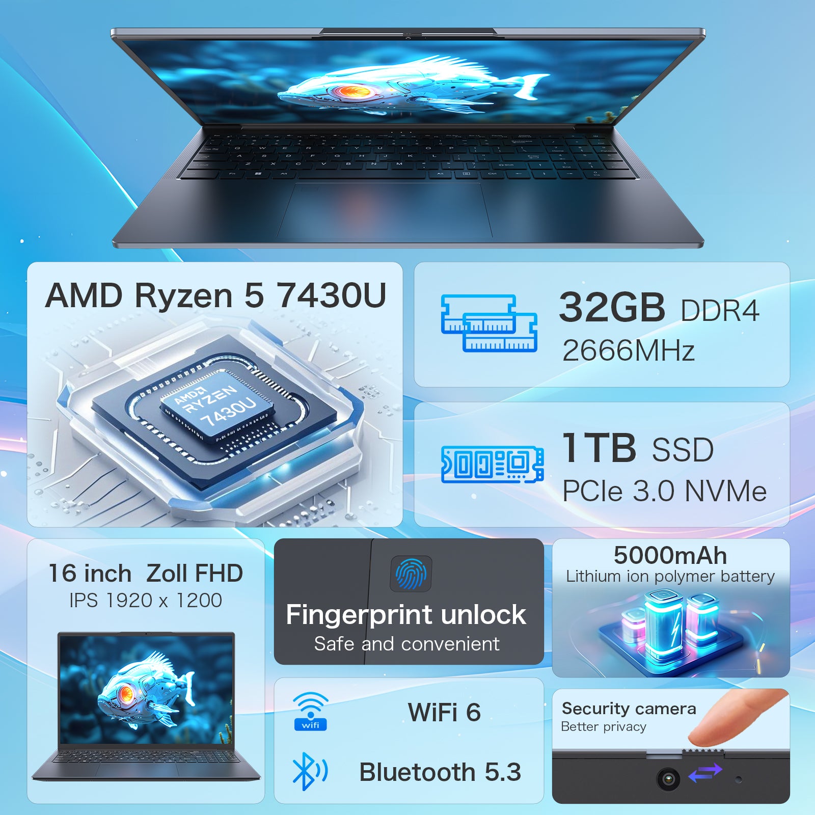 Auusda 16" T160R AMD Ryzen 5 7430U 32GB RAM 1TB SSD,Grey