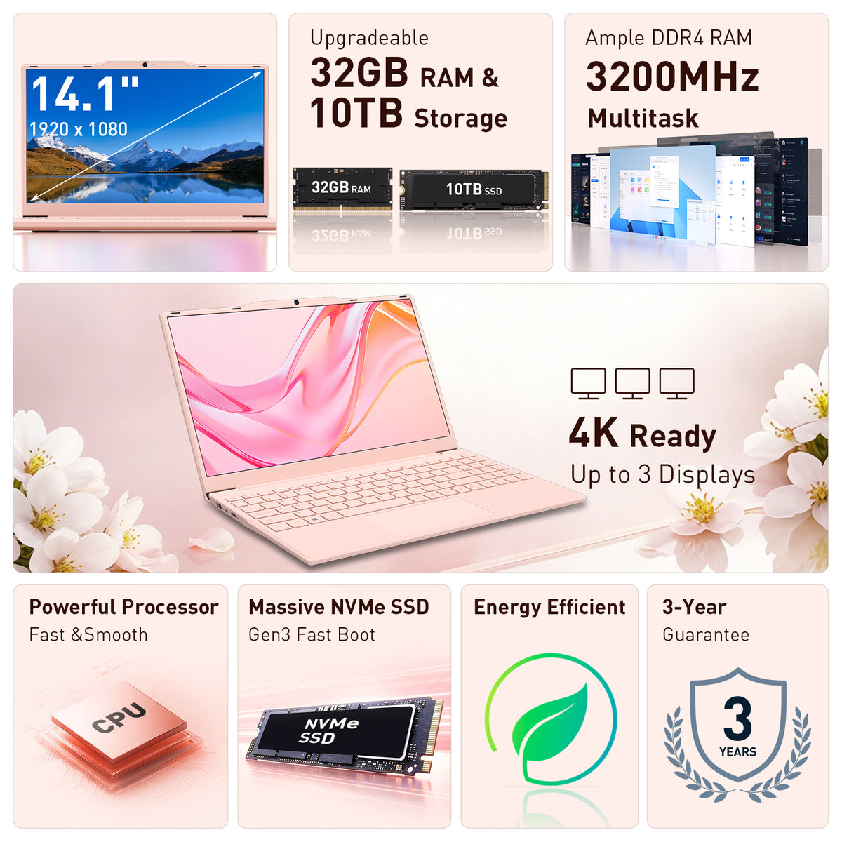 Auusda Laptop Computer, 14.1 Inch, 16GB RAM, 512GB SSD NVMe, Pink