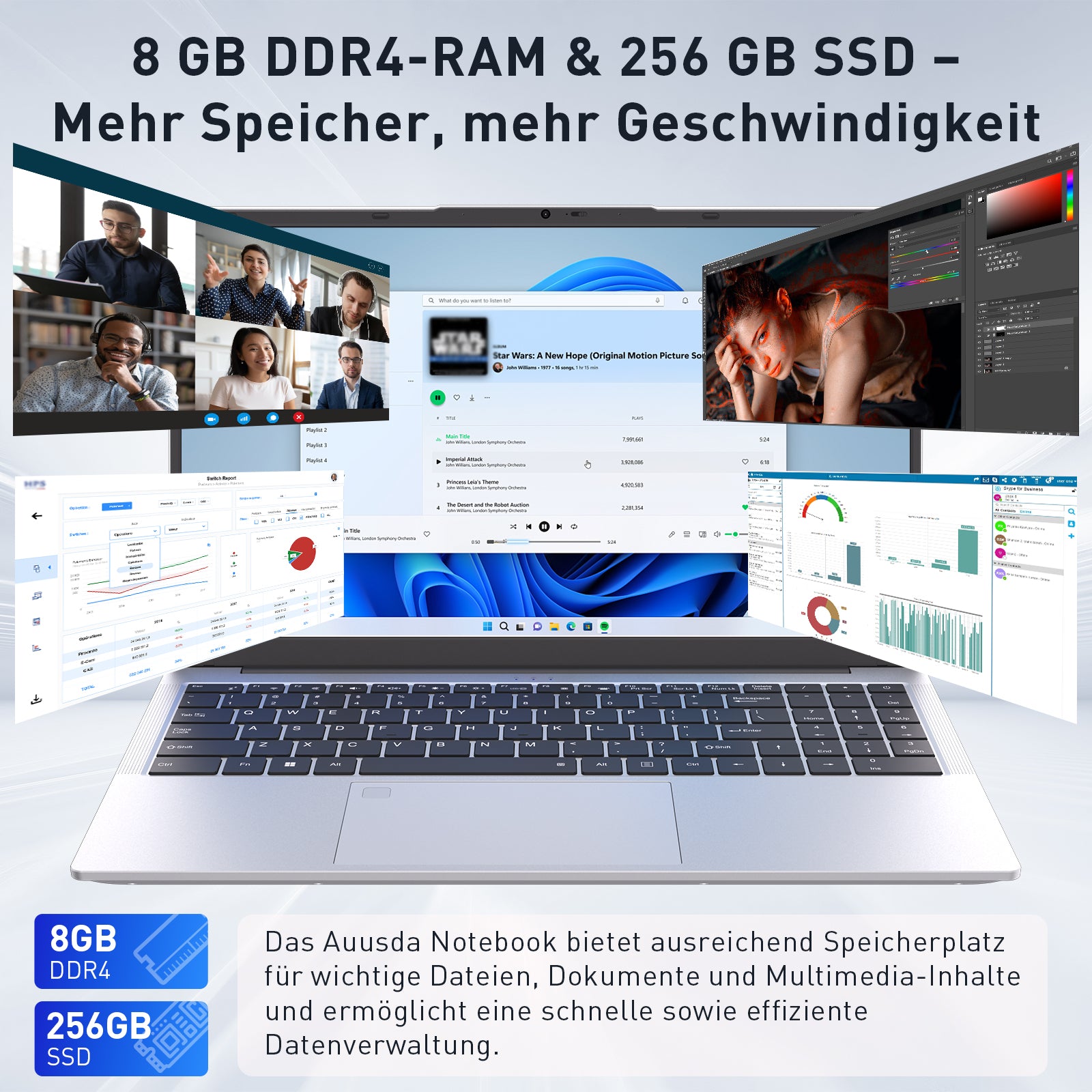 Auusda Laptop 17.3 Zoll Notebook, 8GB DDR4 RAM 256GB SSD, 3250C Prozessor, Fingerabdrucksensor, beleuchtete Tastatur, Ziffernblock, Privacy-Kameraabdeckung, leichtes Notebook fĂŒr Schule & BĂŒro