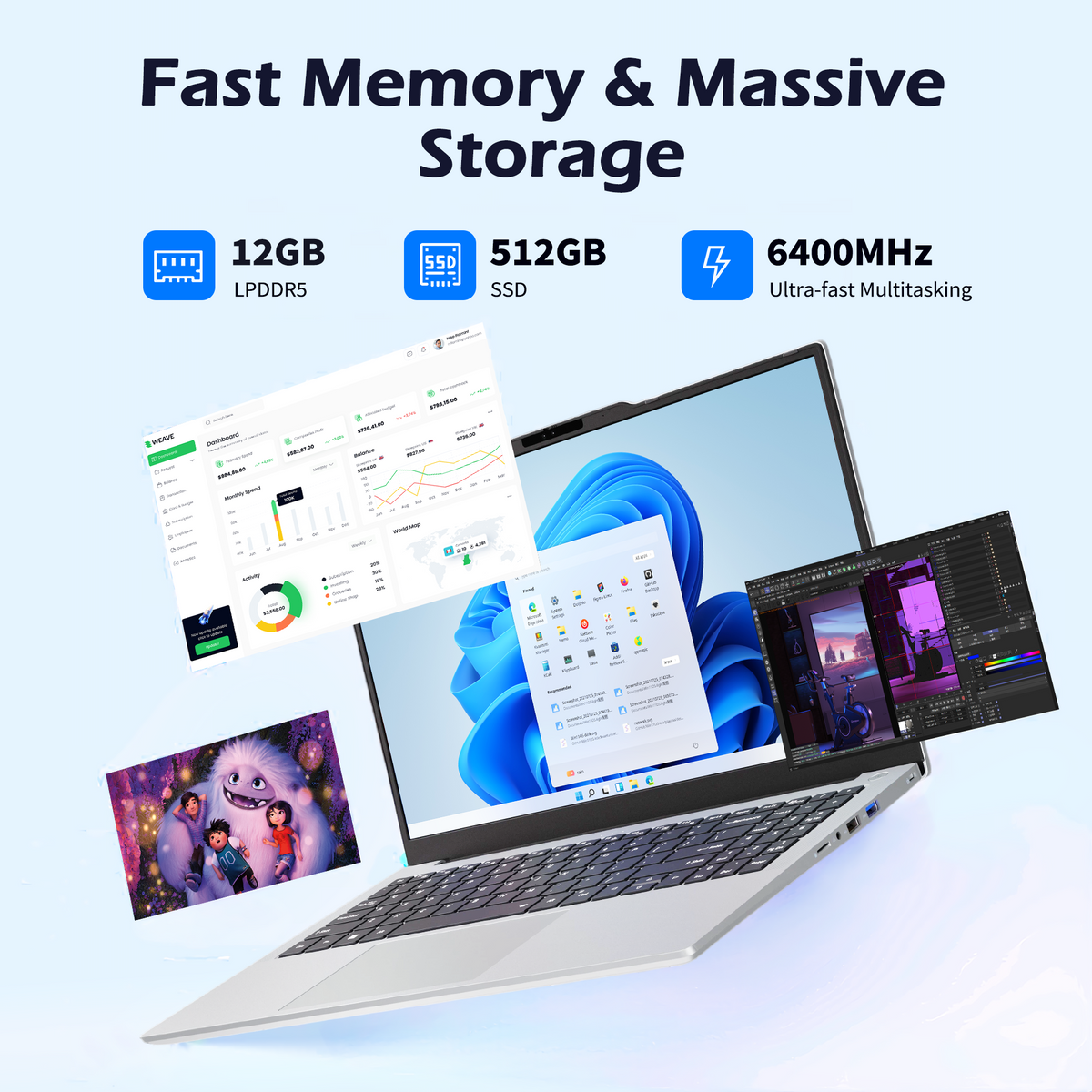 Auusda 15.6" Laptop Computer, AMD Ryzen 5 6600U, 12GB LPDDR5 RAM 1TB NVMe SSD, Windows 11 Pro Business Laptop, Backlight Keyboard, Face Unlock, Silver