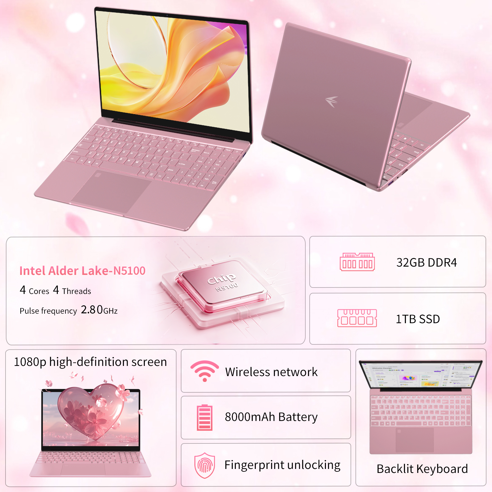 auusda 15.6" Business Laptop, 32GB RAM 1TB SSD, Windows 11 Pro Computers, Intel N5100 CPU, Pink