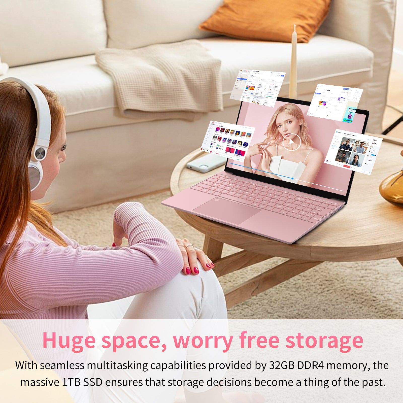 auusda 15.6" Business Laptop, 32GB RAM 1TB SSD, Windows 11 Pro Computers, Intel N5100 CPU, Pink