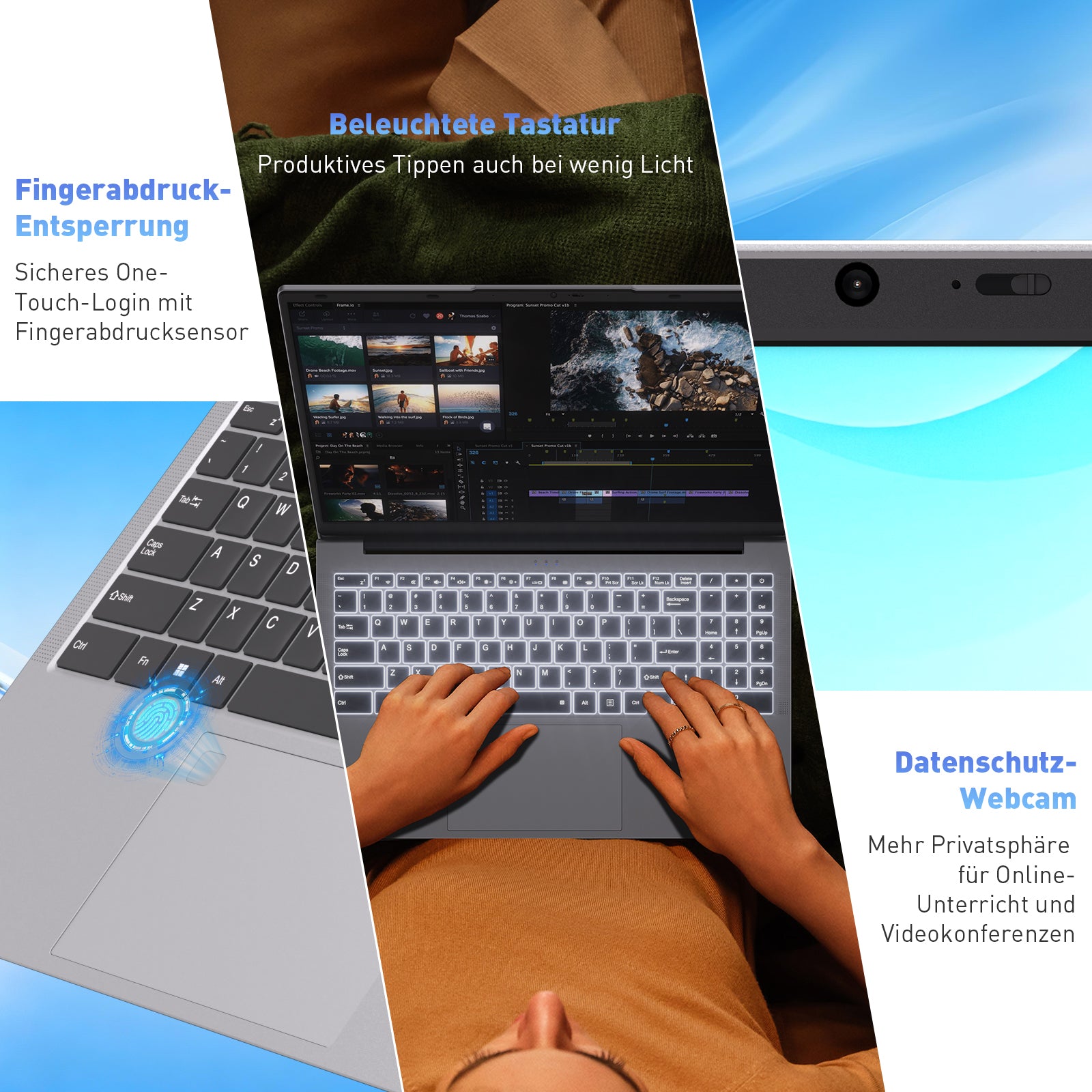 auusda Laptop 17,3 Zoll Notebook, 8GB DDR4 RAM 256GB SSD, 3250C Prozessor, Fingerabdrucksensor, beleuchtete Tastatur, Ziffernblock, Privacy-Kameraabdeckung, leichtes Notebook für Schule & Büro