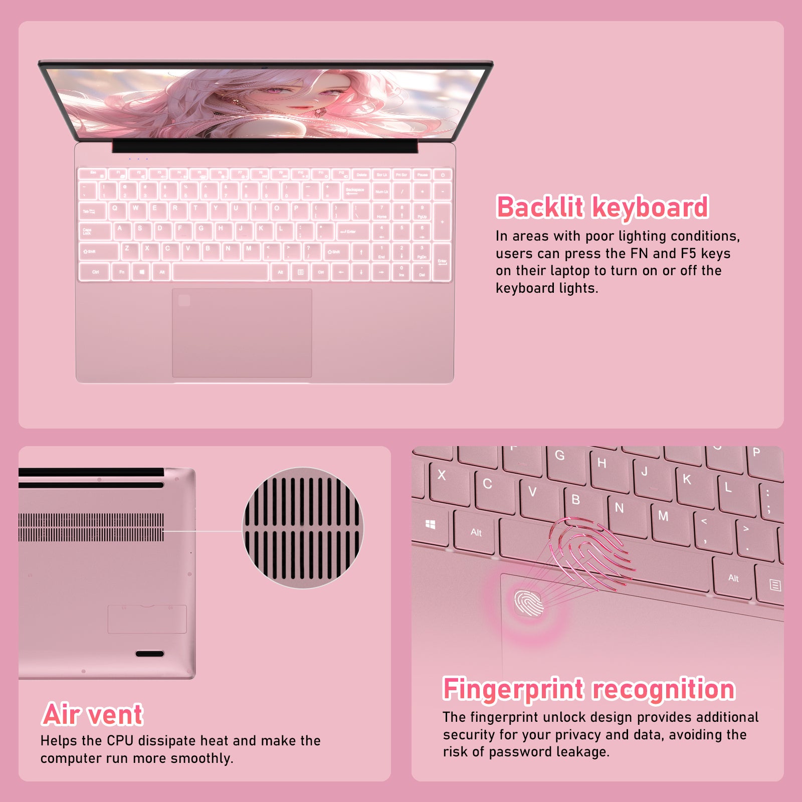 auusda 15.6" Laptop Computer, 16GB RAM 1TB SSD, Intel N5100, Windows 11 Pro Notebook, Backlit Keyboard, Fingerprint Unlock, Pink