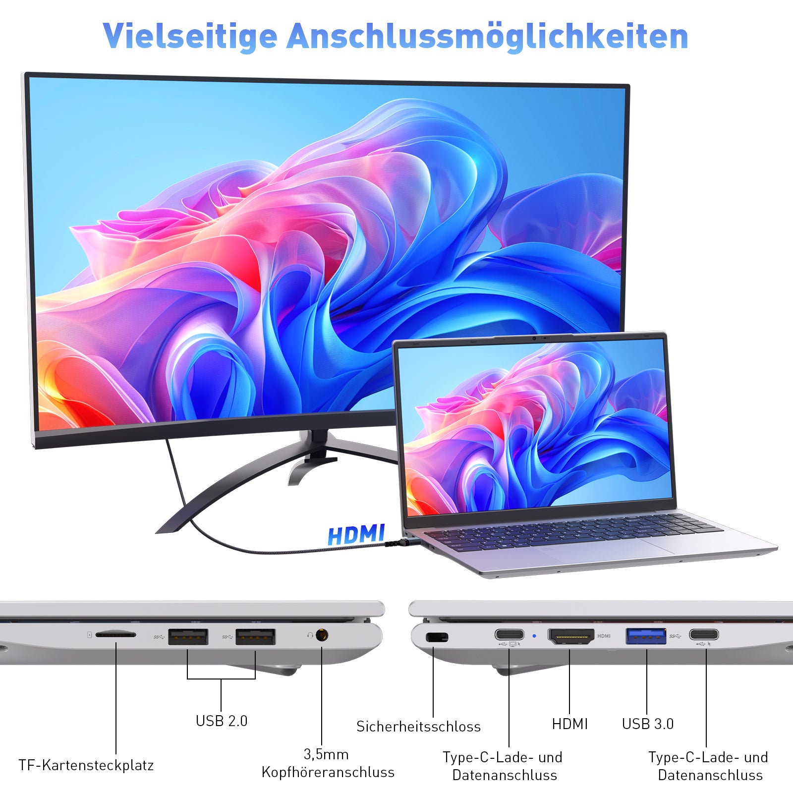 auusda Laptop 15,6 Zoll, Notebook mit 8GB RAM 256GB SSD, Fingerabdrucksensor, beleuchtete Tastatur, 3250C Prozessor, Ziffernblock, Privacy Kameraabdeckung, leicht & ideal fĂŒr BĂŒro und Schule