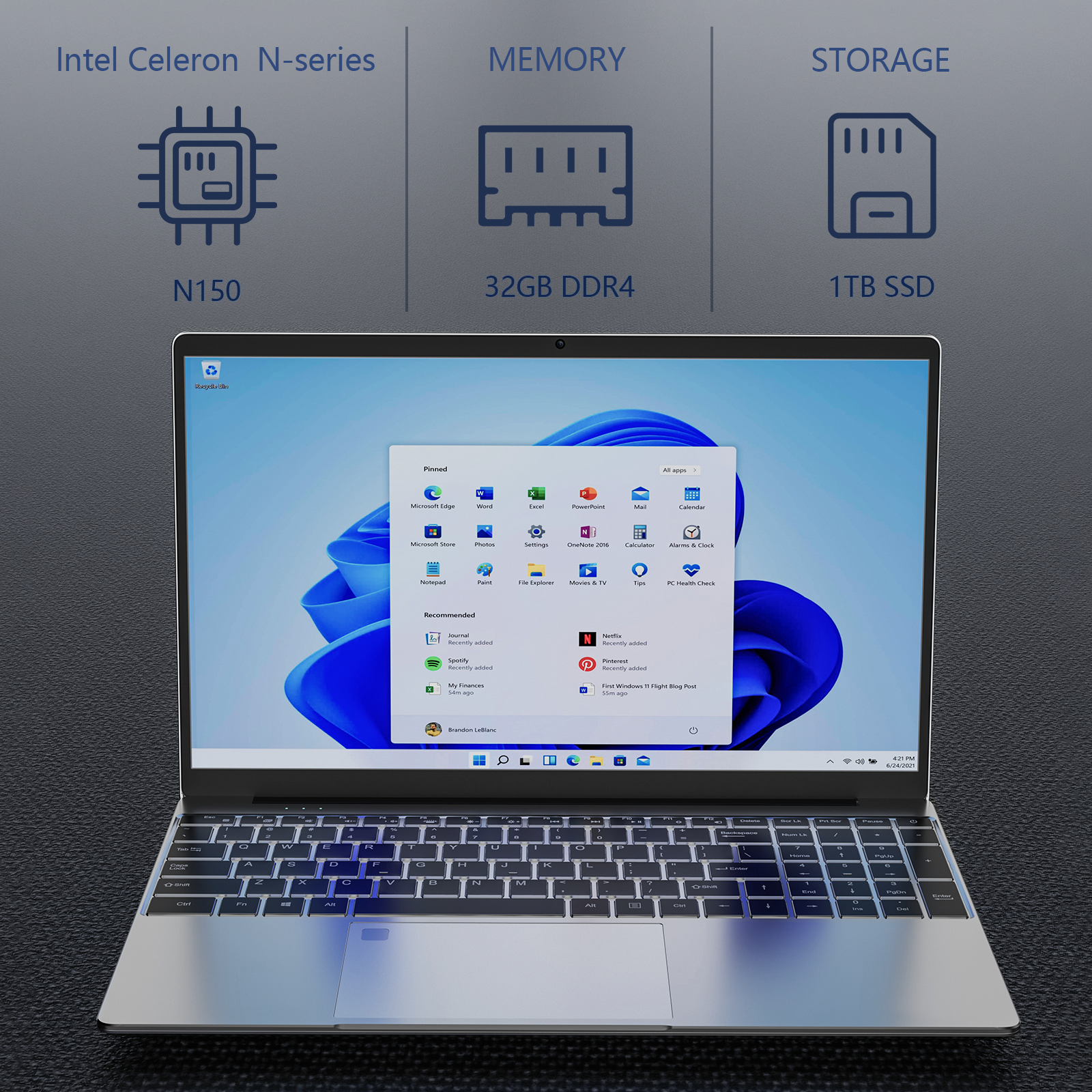 Auusda T152A Business Laptop - Intel N150 CPU,32GB RAM 1TB SSD,Silver