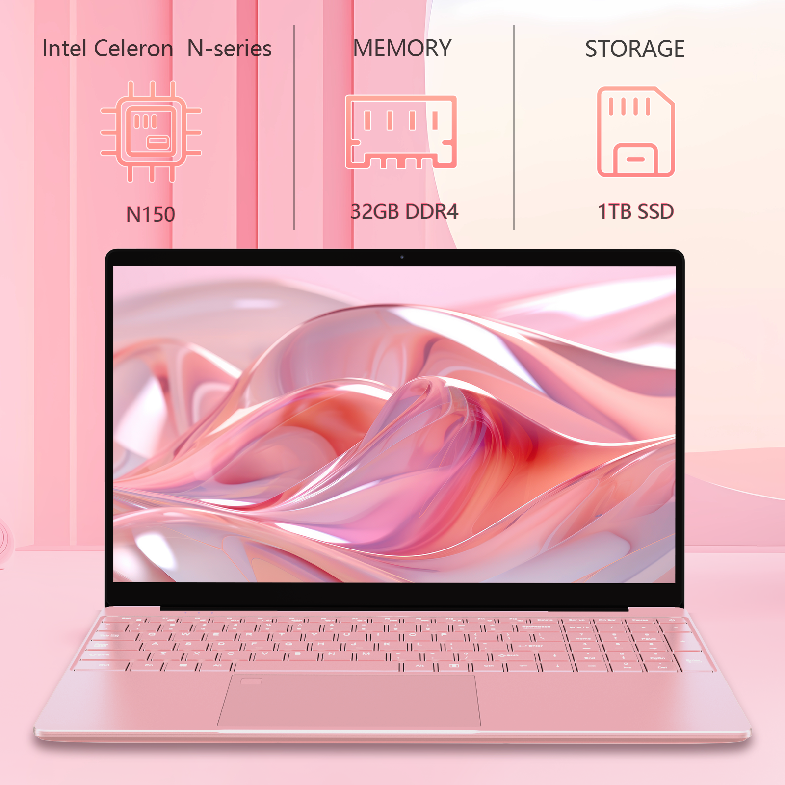 Auusda T152A Business Laptop - Intel N150 CPU,32GB RAM 1TB SSD,Pink