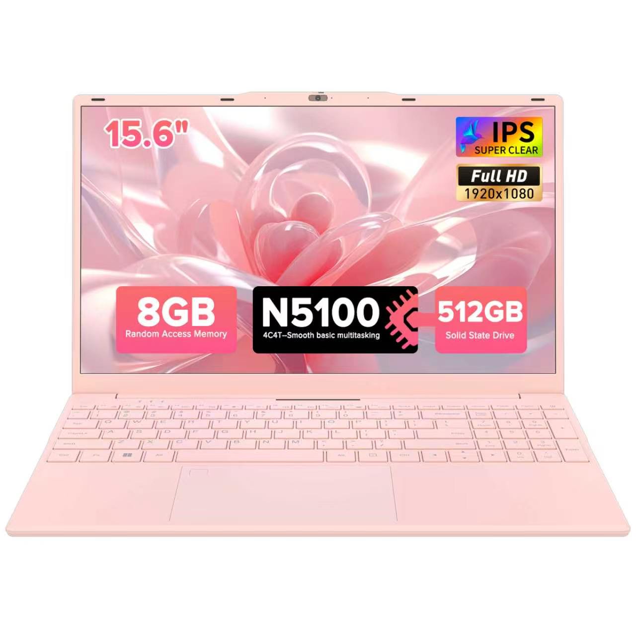 Auusda Student Pink Laptop, 4C4T N5100 Processor, 15.6" FHD 1080P IPS, Fingerprint Unlock & Backlit Keyboard Perfect for Work, Compatible with Win 11 Pro, USB 3.0 * 2, 8GB RAM 512GB NVMe SSD