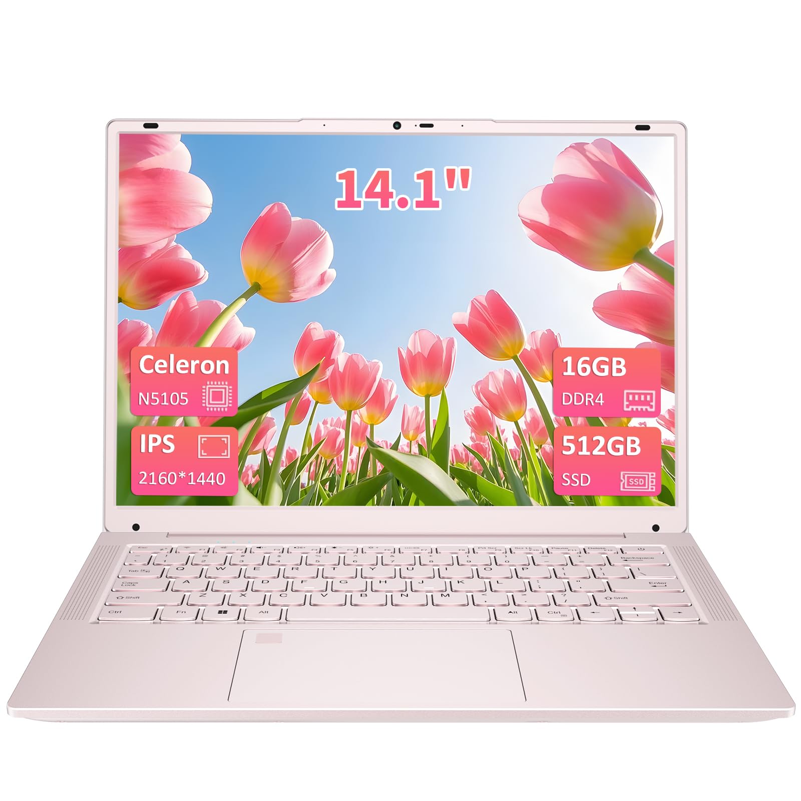 auusda 14.1" N5105 Processor Traditional Notebook Laptop,16GB DDR4 RAM, 512GB SSD, UHD (2160x1440 Pixels), Fingerprint Login, Backlit Keyboard, Dual Band WiFi 5, Bluetooth 5, USB 3.0, Win 11 Pro, Pink