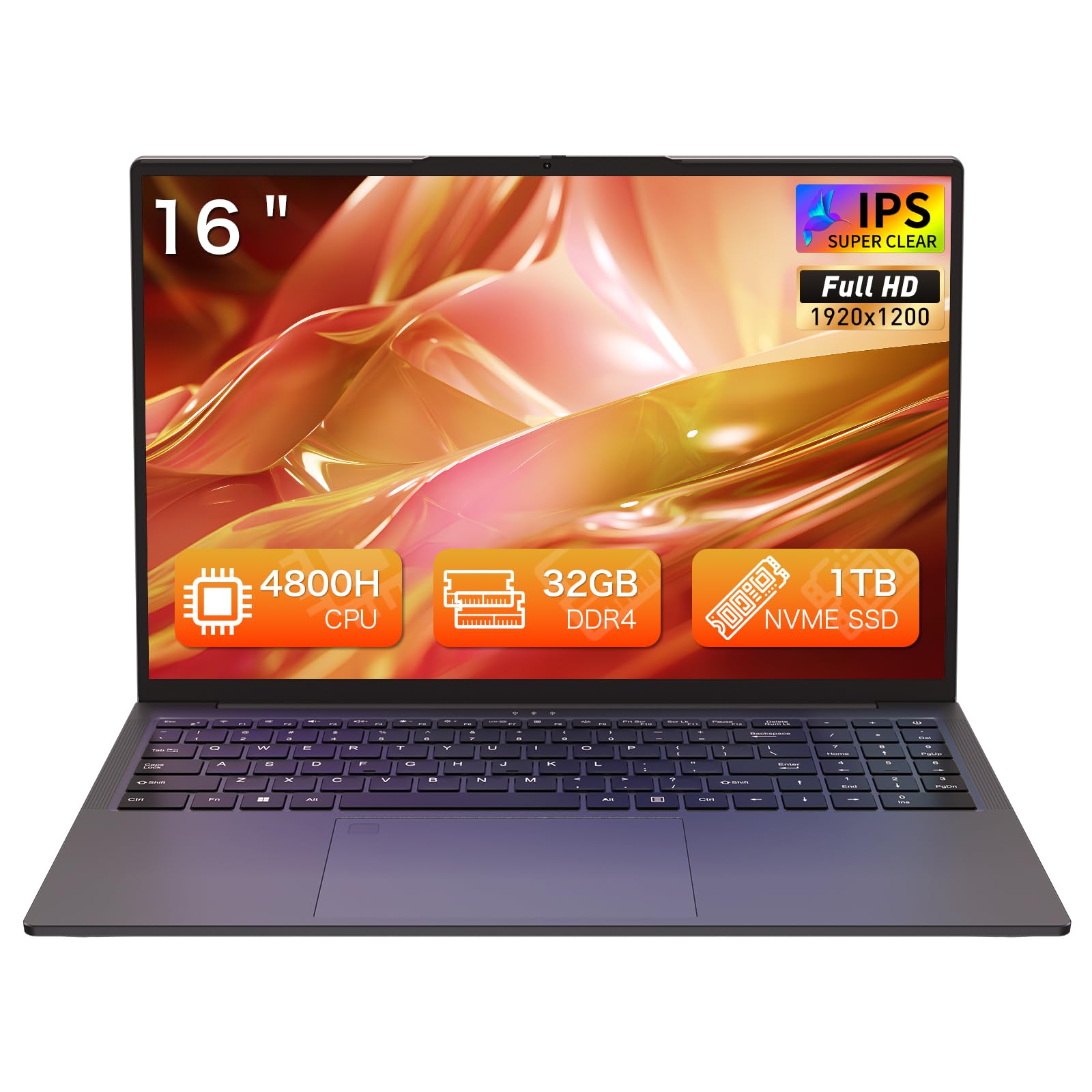 Auusda 16'' Laptop for Business & Students for Ryzen 7 4800H (up to 4.2GHz)丨Privacy camera, Wifi 6, BT5.3, USB 3.0*2, HDMI, Type-C*2, with Backlit Keyboard, Fingerprint Unlock, 32GB RAM, 1TB SSD, Gray