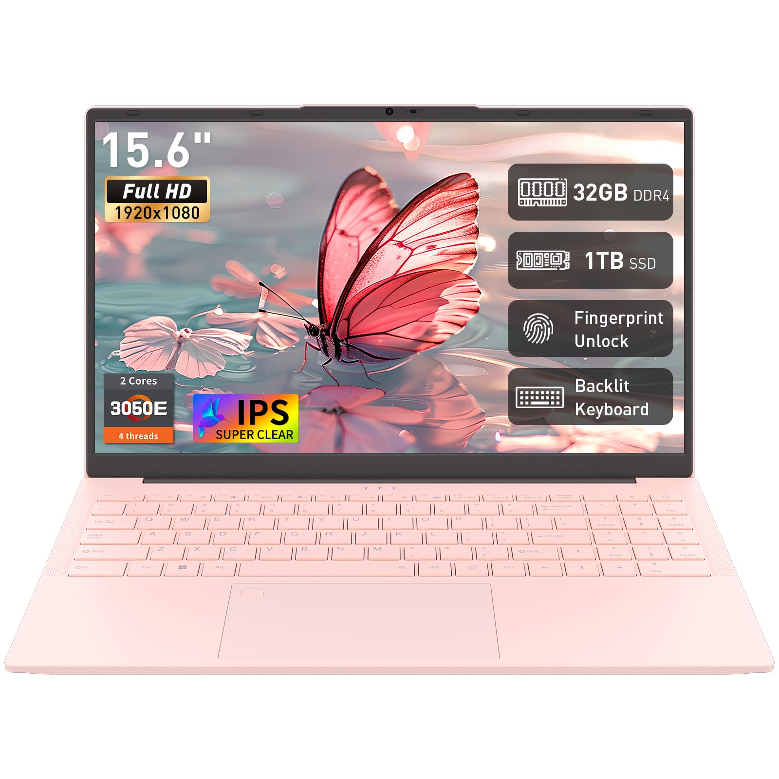 Auusda T156A Laptop - AMD Athlon Silver 3050e, 32GB DDR4 + 1T SSD, Pink