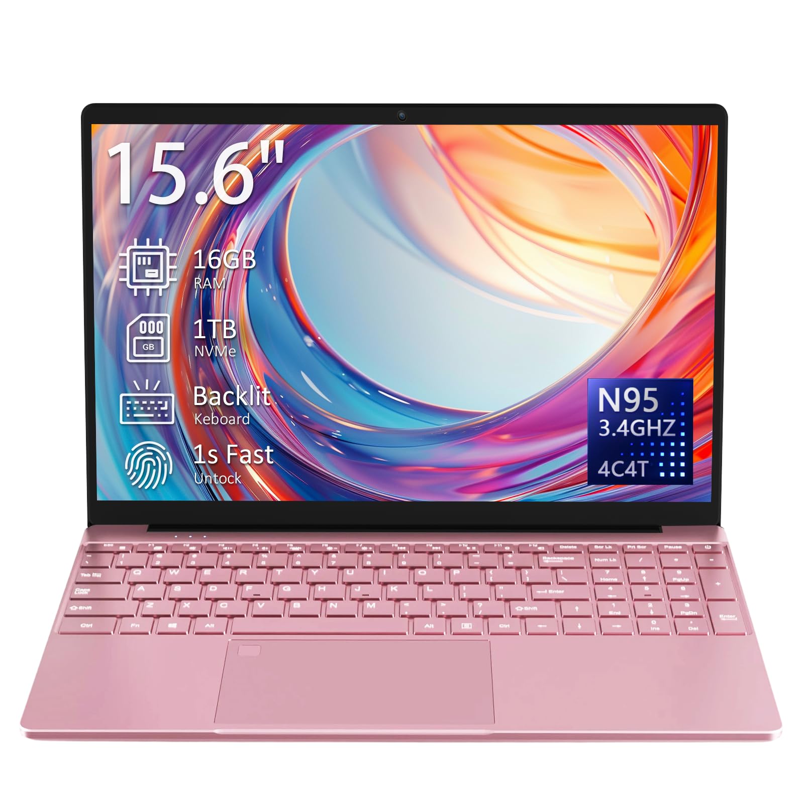 auusda T152A 15.6" IPS Laptop, Intel N95 Processor, 16GB DDR4 RAM, 1TB NVMe SSD, UHD Graphics, 1920×1080 Full HD, 2.4G/5G WiFi, BT 5.0, Mini HDMI, Windows 11 Pro, 8000mAh Battery,Pink