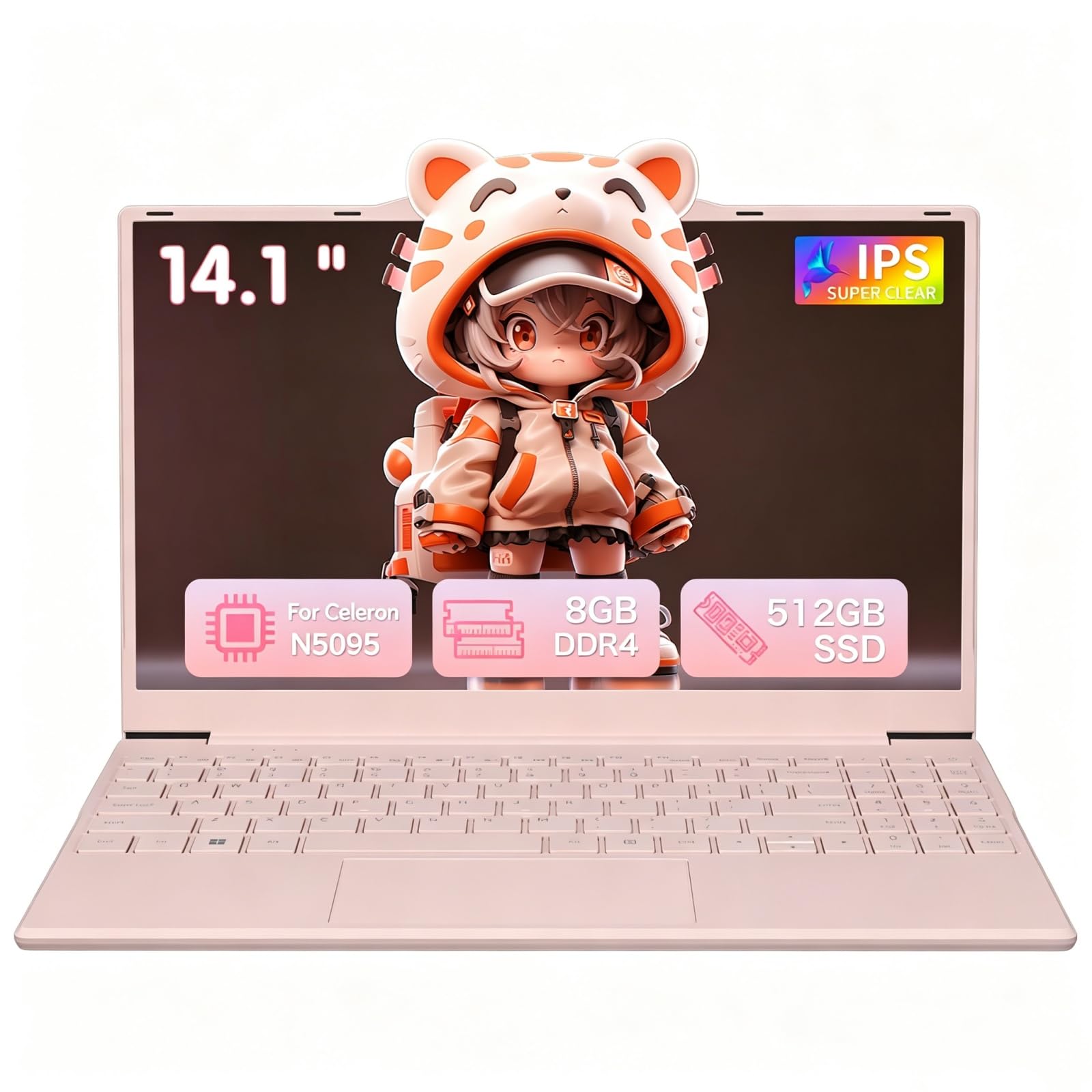 Auusda Student Laptop,14.1" FHD Laptop for Business and Study, 4-Core N5095丨Numeric Keypad, Backlit Keyboard, Privacy Camera, USB 3.0, HDMI, Lightweight & Portable, 8GB RAM, 512GB SSD, Pink