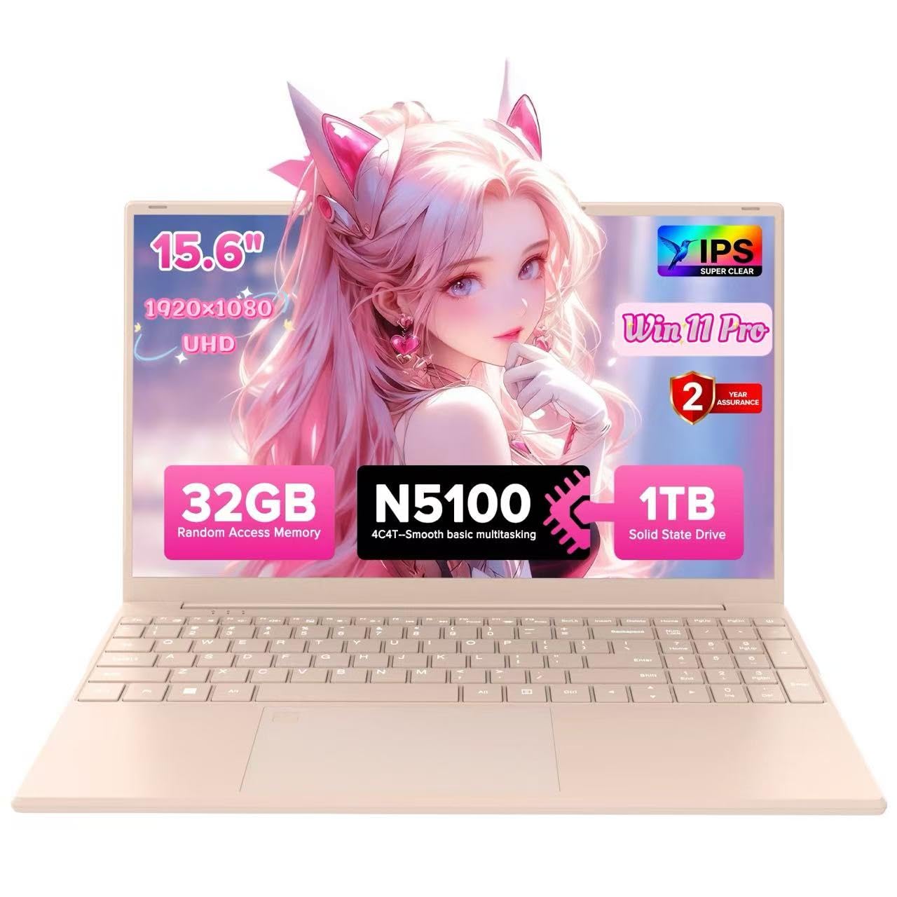 auusda T151J 15.6" FHD Pink Laptop - 32GB DDR4 RAM + 1TB SSD, N5100 Processor (4C4T, 1.1-2.8GHz), Backlit Keyboard, Fingerprint Unlock, Privacy Camera, Win 11 Pro - for Business, Students, Home Users