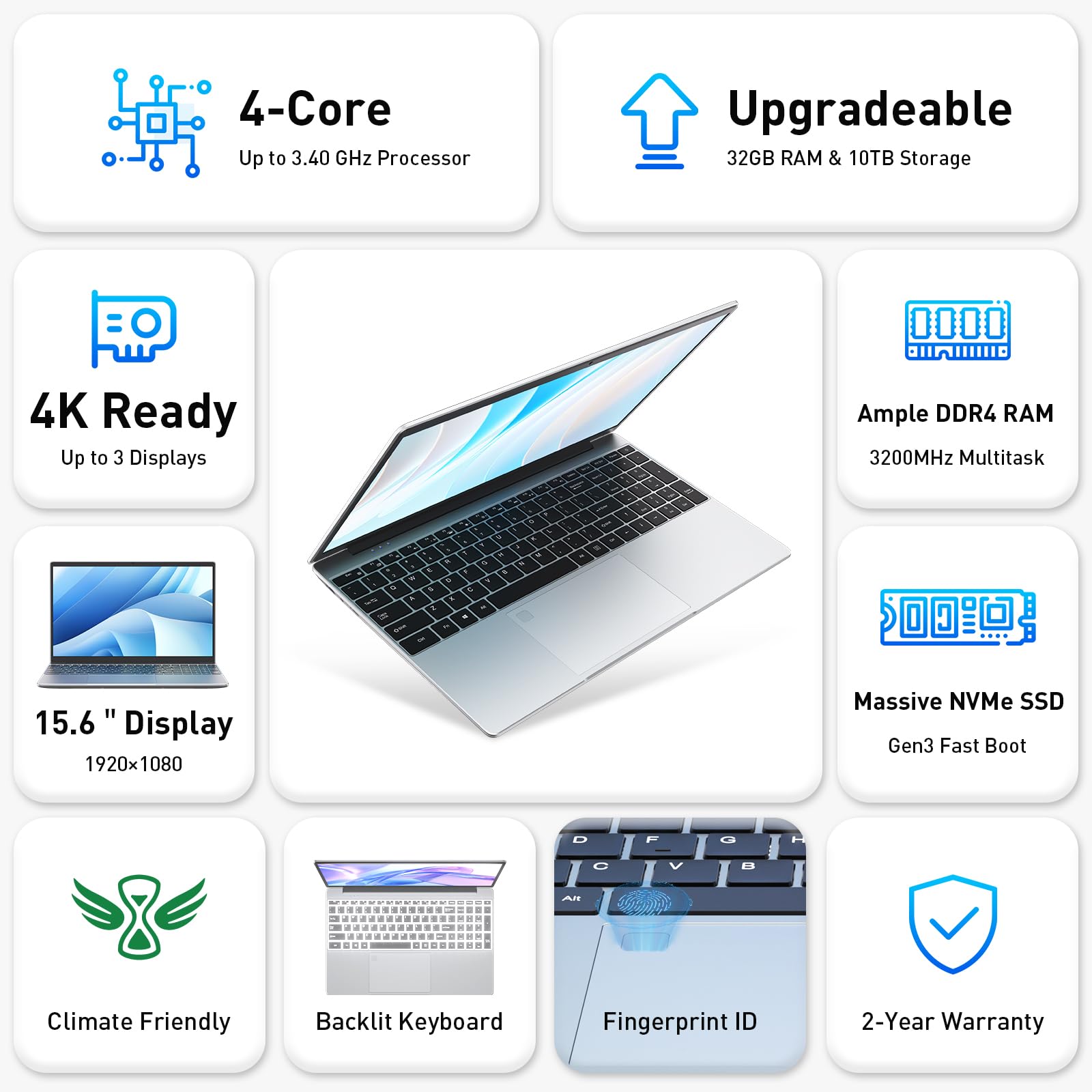 auusda Business Laptop Computer for Work, Notebook PC for College Students, 15.6" FHD Display, 4-Core Processor, Backlit Keyboard, Fingerprint ID, Up to 10TB Storage, 16GB DDR4 RAM, 512GB NVMe, Silver