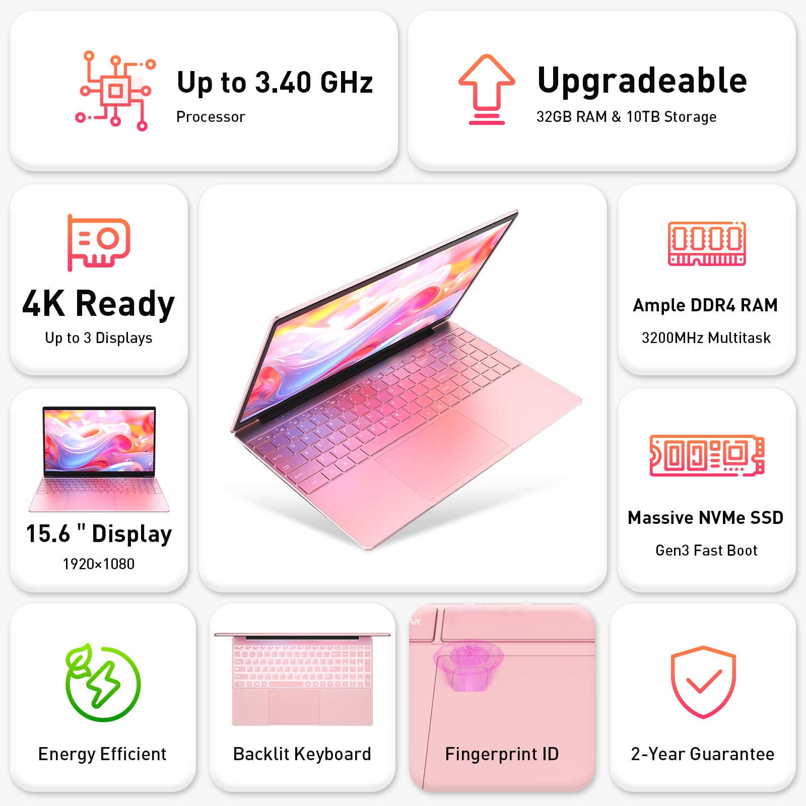 Auusda Business Laptop Computer for Work, Notebook PC for College Students, 15.6" FHD Display, Up to 3.4GHz CPU, Backlit Keyboard, Fingerprint ID, Up to 10TB Storage, 16GB DDR4 RAM, 1TB NVMe, Pink
