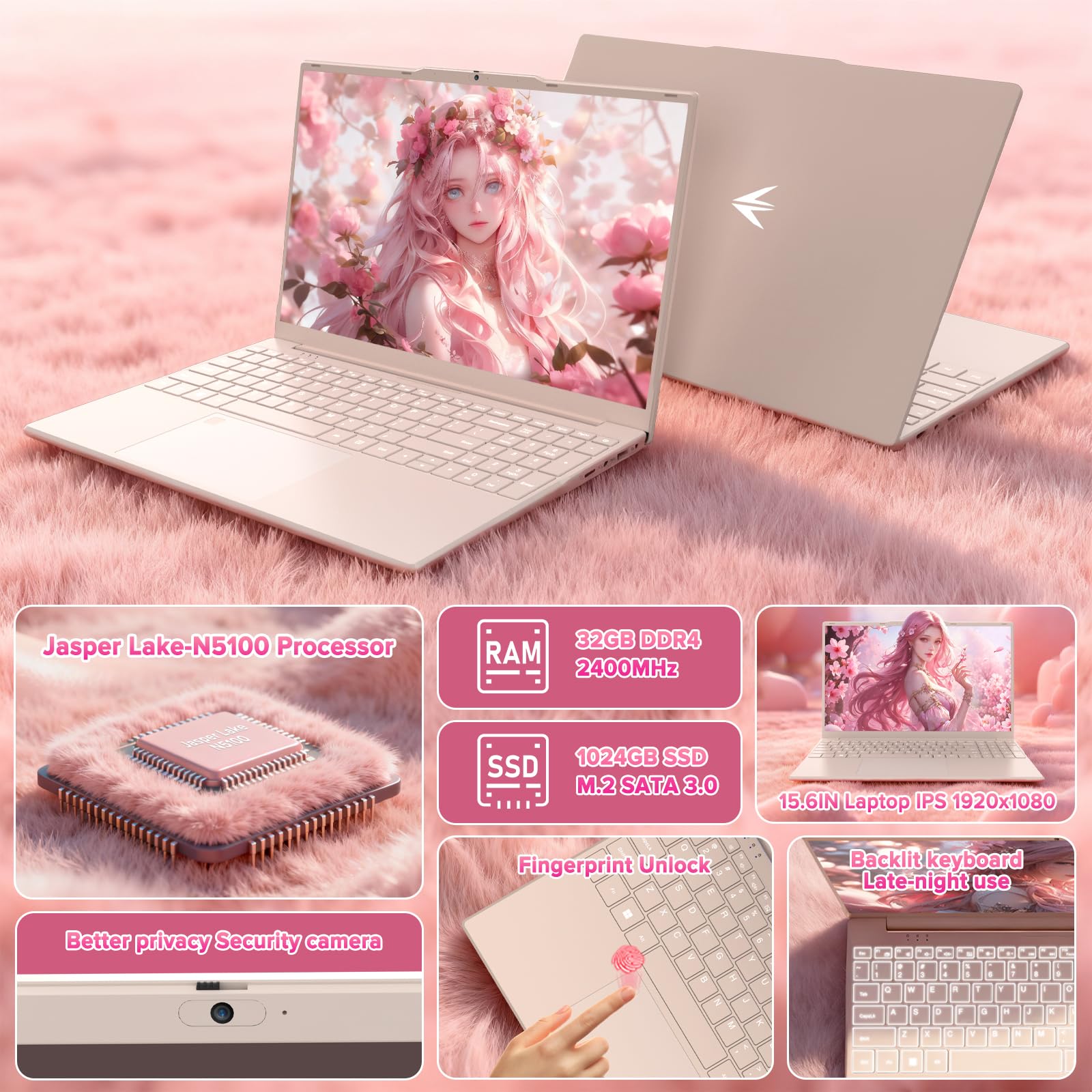 auusda T151J 15.6" FHD Pink Laptop - 32GB DDR4 RAM + 1TB SSD, N5100 Processor (4C4T, 1.1-2.8GHz), Backlit Keyboard, Fingerprint Unlock, Privacy Camera, Win 11 Pro - for Business, Students, Home Users