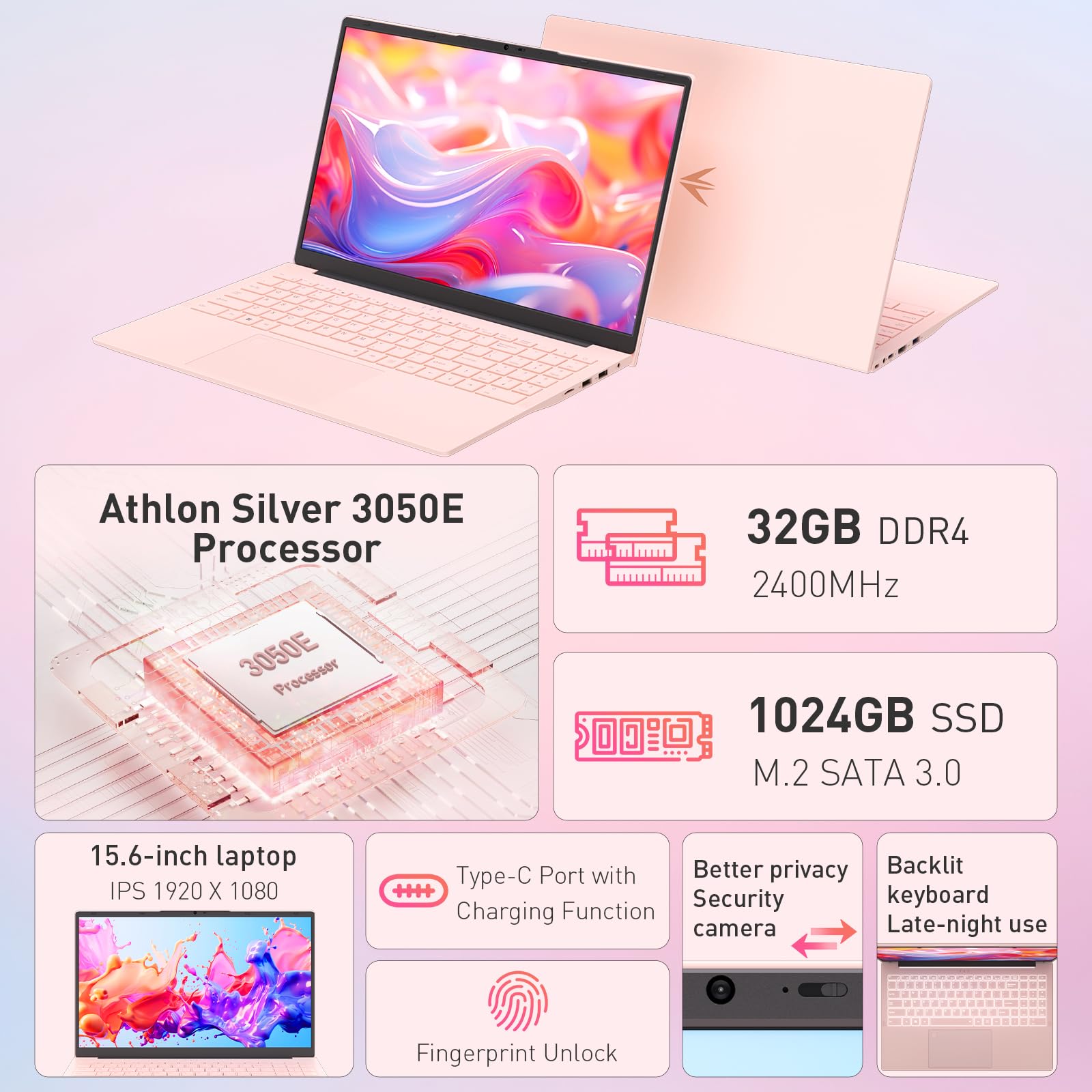 auusda 15.6" FHD Laptop, Athlon Silver 3050E Processor, 32GB DDR4 RAM, 1TB SSD, WiFi 5/ USB 3.0/ Type-C/ HDMI, Win 11 Pro, IPS Thin and Light Computer Notebook for Work, Study and Entertainment, Pink