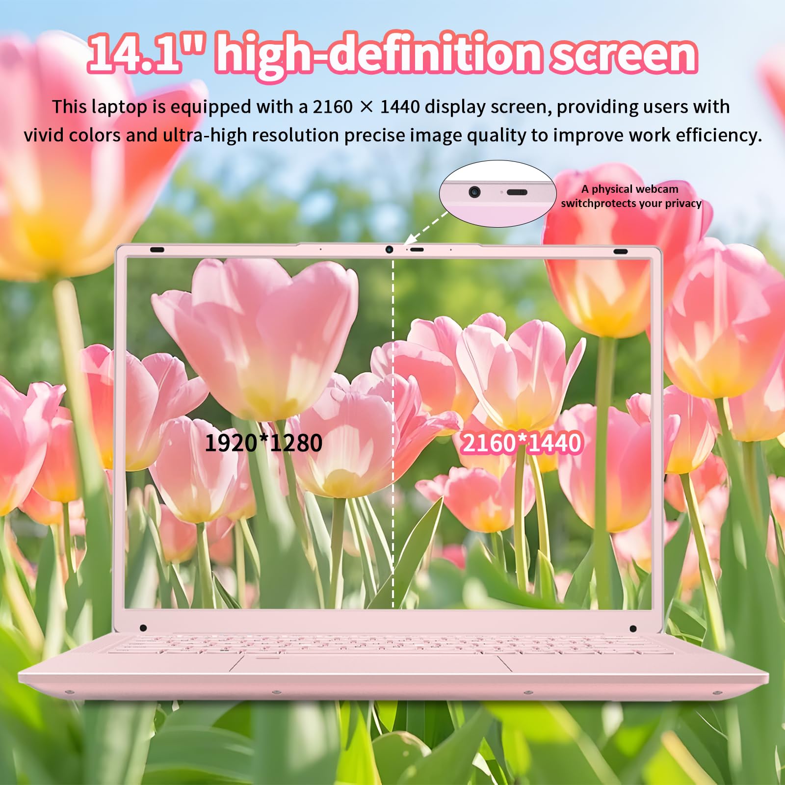 auusda 14.1" N5105 Processor Traditional Notebook Laptop,16GB DDR4 RAM, 512GB SSD, UHD (2160x1440 Pixels), Fingerprint Login, Backlit Keyboard, Dual Band WiFi 5, Bluetooth 5, USB 3.0, Win 11 Pro, Pink