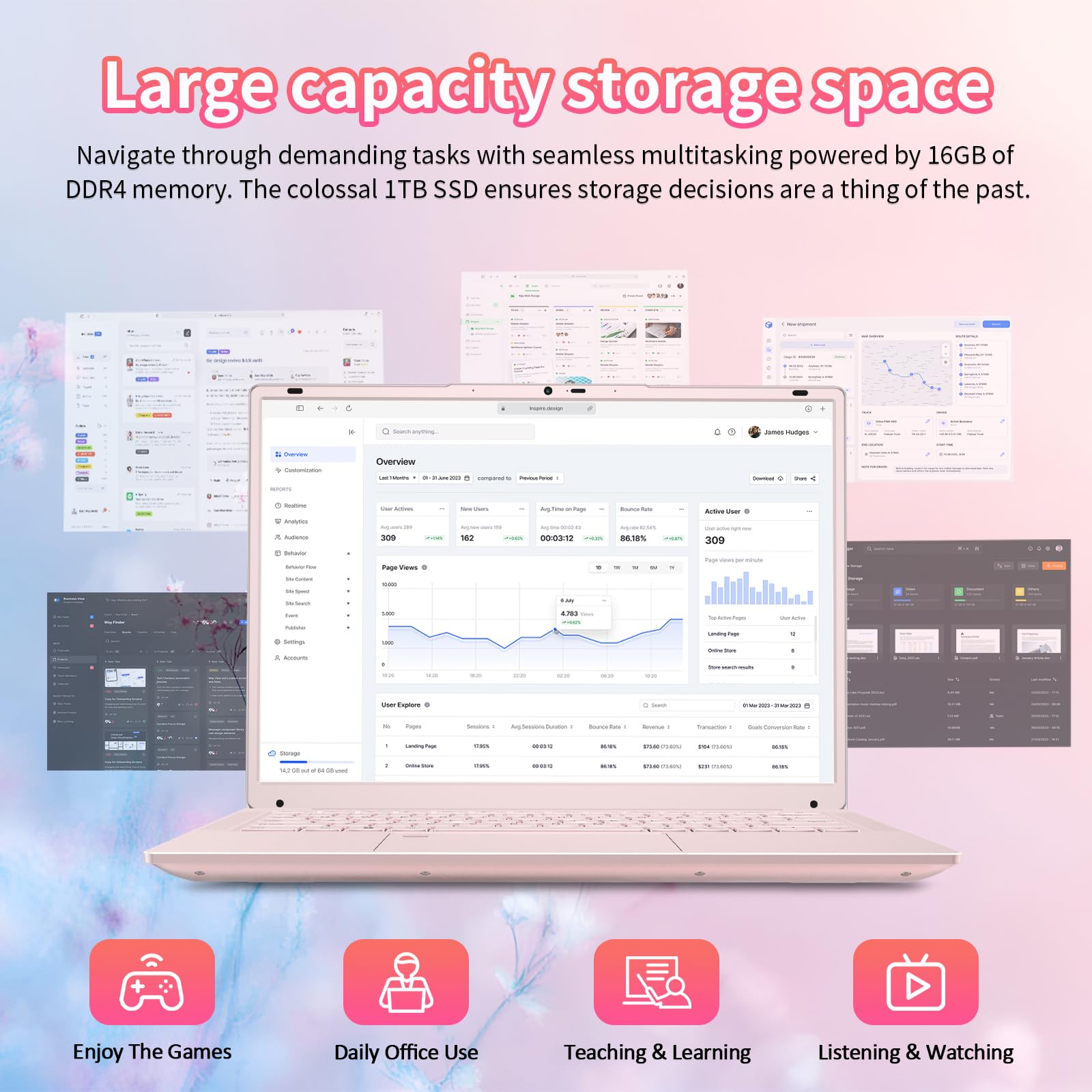 auusda 14.1" N5105 Processor Traditional Notebook Laptop,16GB DDR4 RAM, 512GB SSD, UHD (2160x1440 Pixels), Fingerprint Login, Backlit Keyboard, Dual Band WiFi 5, Bluetooth 5, USB 3.0, Win 11 Pro, Pink