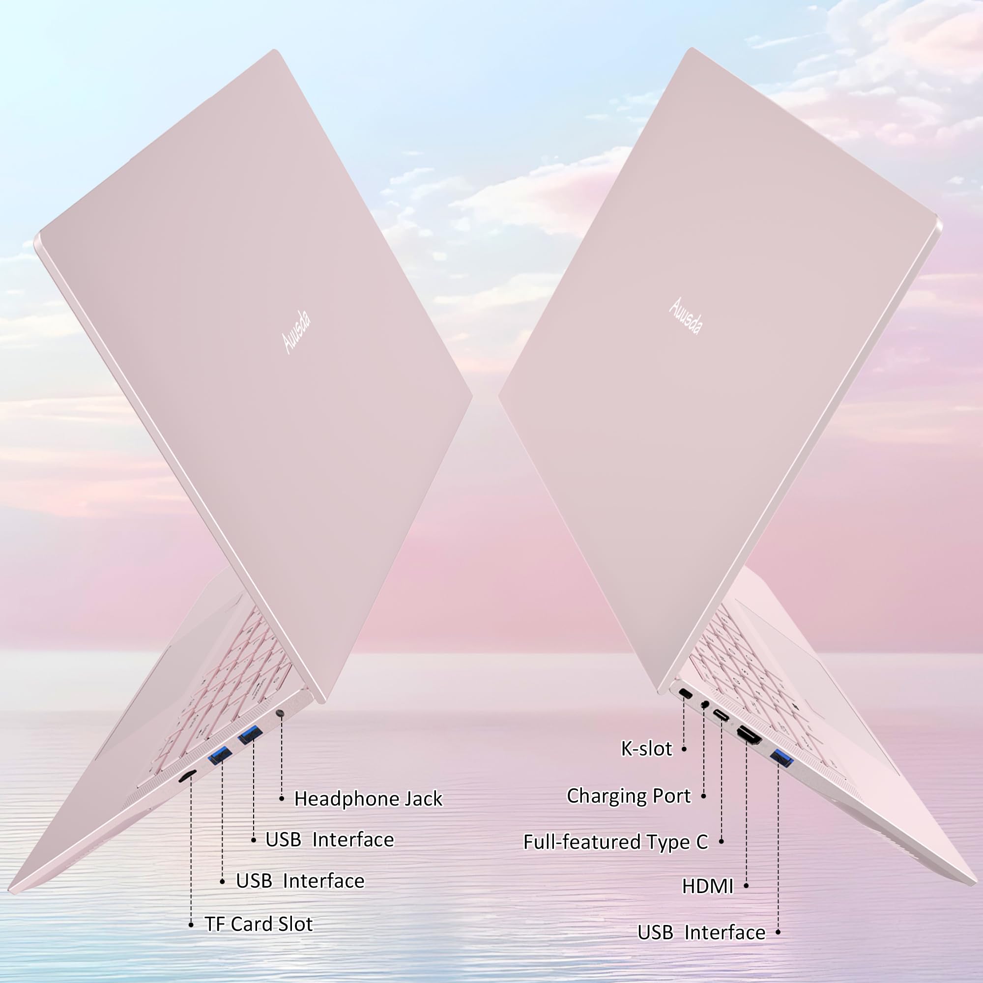 auusda 14.1" N5105 Processor Traditional Notebook Laptop,16GB DDR4 RAM, 512GB SSD, UHD (2160x1440 Pixels), Fingerprint Login, Backlit Keyboard, Dual Band WiFi 5, Bluetooth 5, USB 3.0, Win 11 Pro, Pink