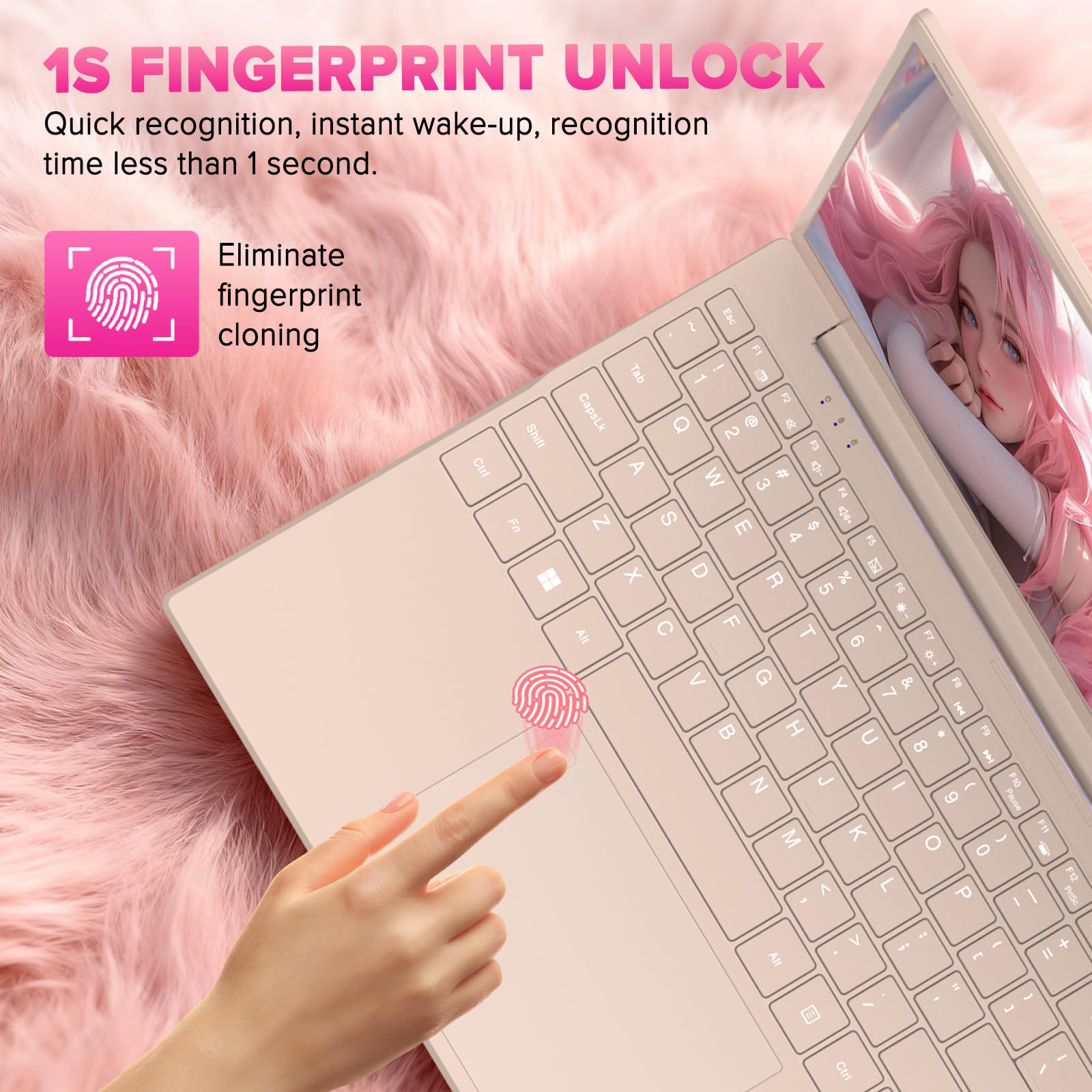 auusda T151J 15.6" FHD Pink Laptop - 32GB DDR4 RAM + 1TB SSD, N5100 Processor (4C4T, 1.1-2.8GHz), Backlit Keyboard, Fingerprint Unlock, Privacy Camera, Win 11 Pro - for Business, Students, Home Users