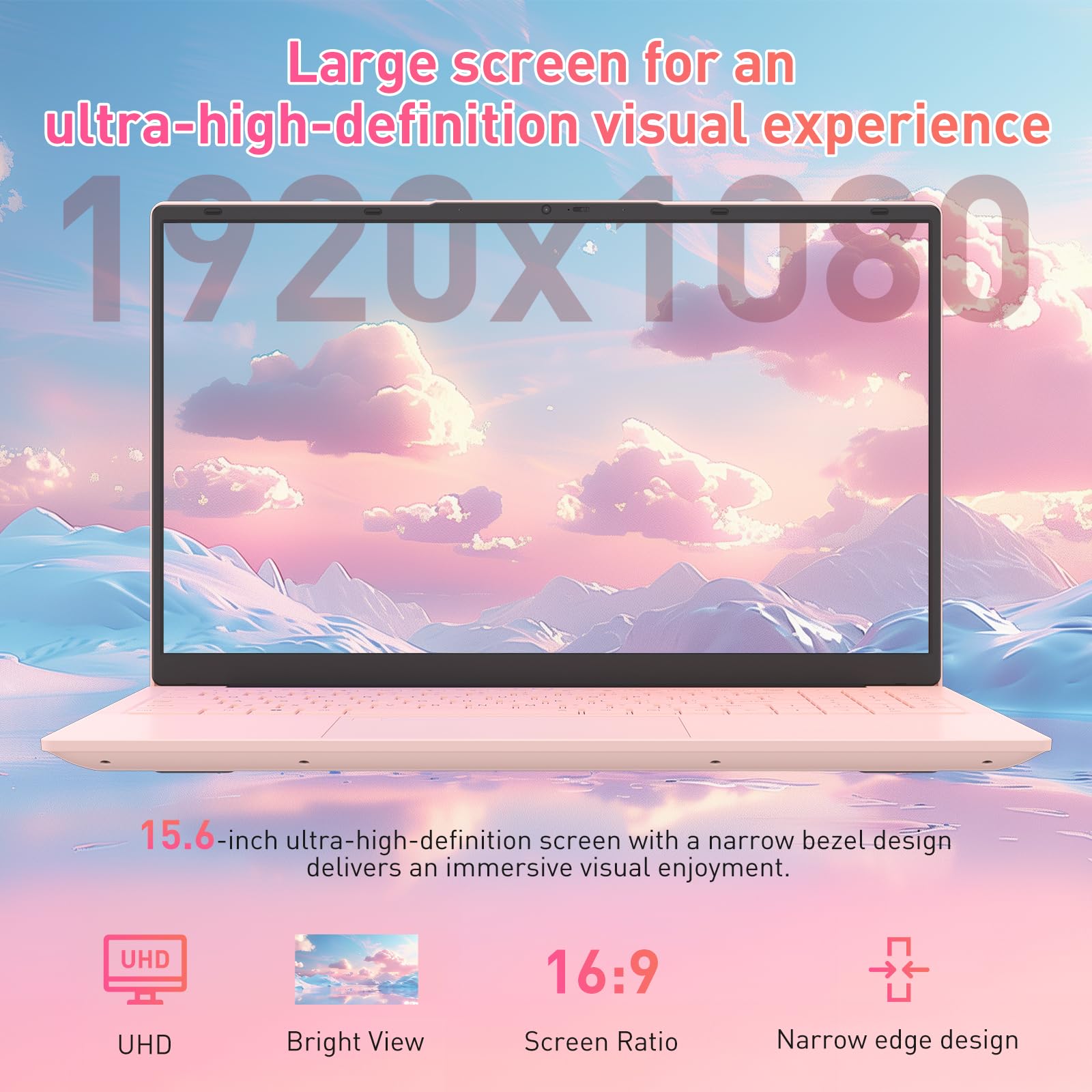 auusda 15.6" FHD Laptop, Athlon Silver 3050E Processor, 16GB DDR4 RAM, 512GB SSD, WiFi 5/ USB 3.0/ Type-C/HDMI, Win 11 Pro, IPS Thin and Light Computer Notebook for Work, Study and Entertainment, Pink