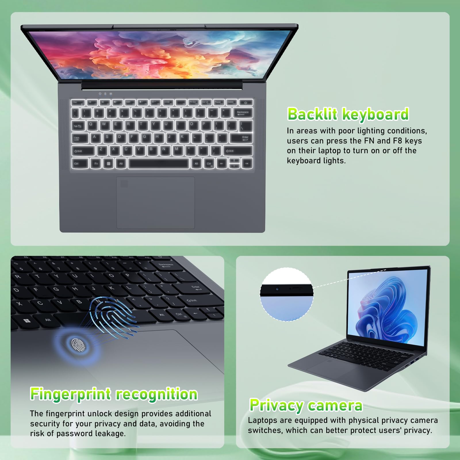 auusda14.1'' Notebook Computer Laptop IPS 2160* 1440 8GB RAM 256GB SSD N5105 Processor with WiFi 5, Bluetooth 5, USB 3.0 Interface *2/ TYPE-C*1(Full Function), Win 11 Pro, with Backlight/ Fingerprint, Grey