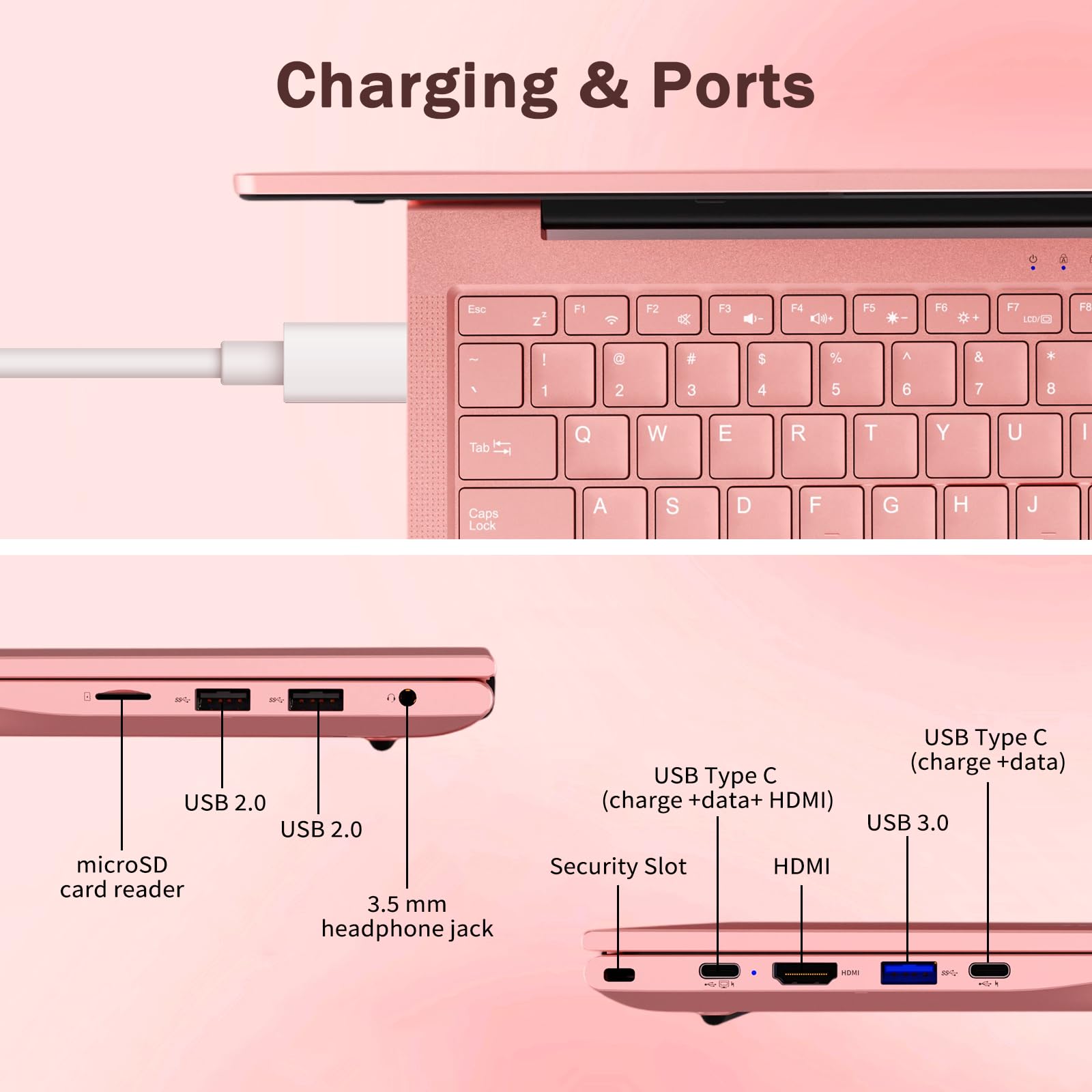 auusda 15.6" Traditional Laptop Computer for Students & Work, Ryzen 3 Processor, Backlit Keyboard, Fingerprint, WiFi 6, BT 5.3, Dual USB Type-C, Win11 Pro, 8GB RAM (Up to 32GB), 512GB NVMe SSD, Pink