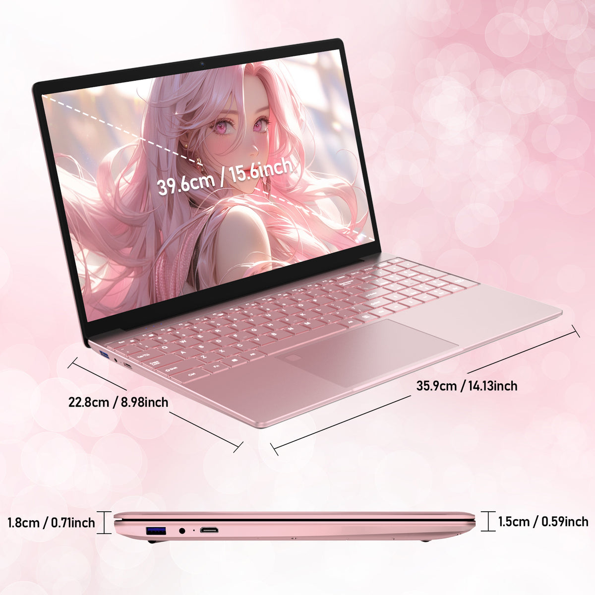Auusda Laptop 15,6 Zoll Rosa, N95 4-Kern-Prozessor, 16GB DDR4 RAM 1TB NVMe SSD, Notebook mit Full HD Display, Beleuchtete Tastatur, Fingerabdrucksensor, für Büro und Studium