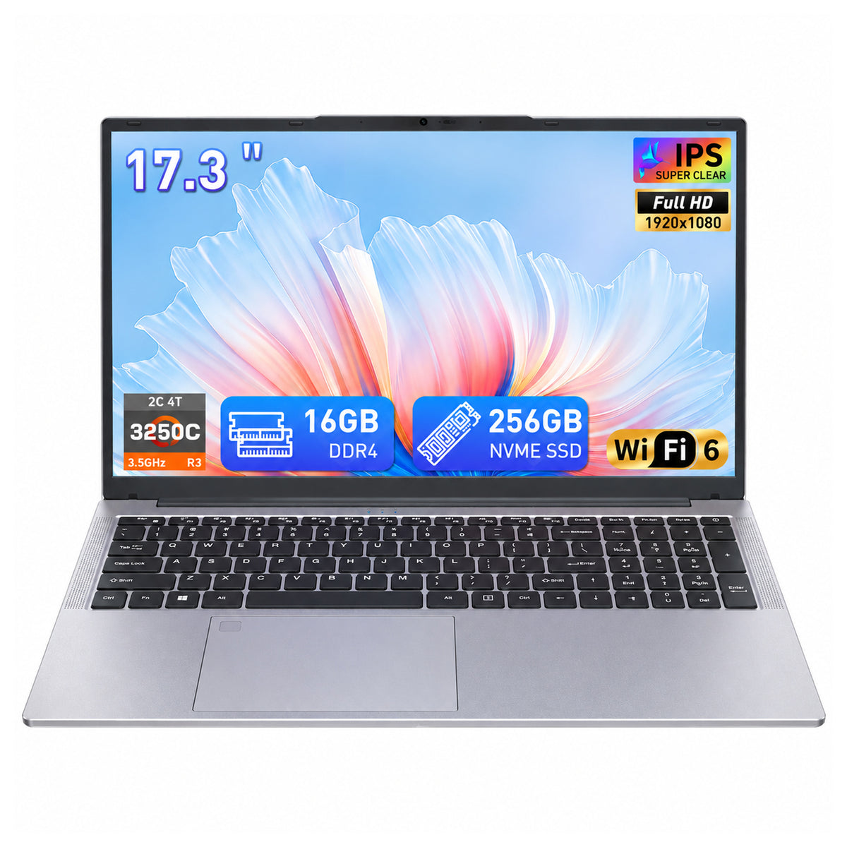 Auusda Laptop 17,3 Zoll Notebook, 16GB DDR4 RAM 256GB SSD, 3250C Prozessor, Fingerabdrucksensor, beleuchtete Tastatur, Ziffernblock, Privacy-Kameraabdeckung, leichtes Notebook für Schule & Büro