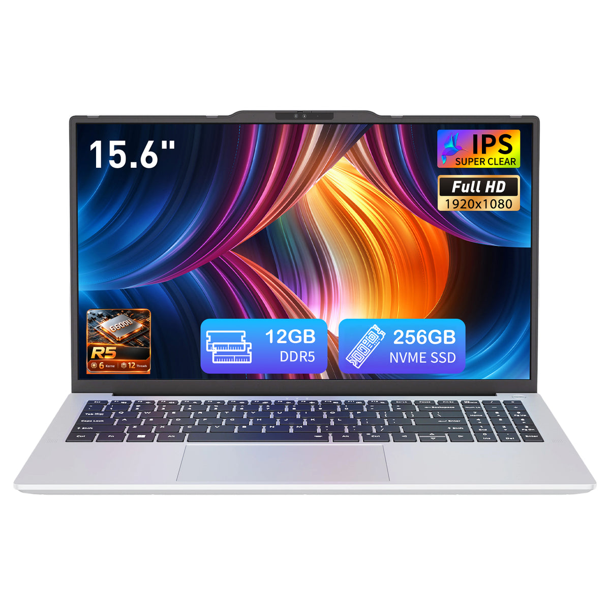 Auusda Laptop 15,6 Zoll, R5 6600U 6-Kern-Prozessor, 12GB DDR5 RAM 256GB PCIe SSD, Notebook (bis zu 4,5 GHz) mit Full HD IPS Display, Beleuchteter Tastatur, 2 Type-C-Anschlüssen, für Büro und Studium