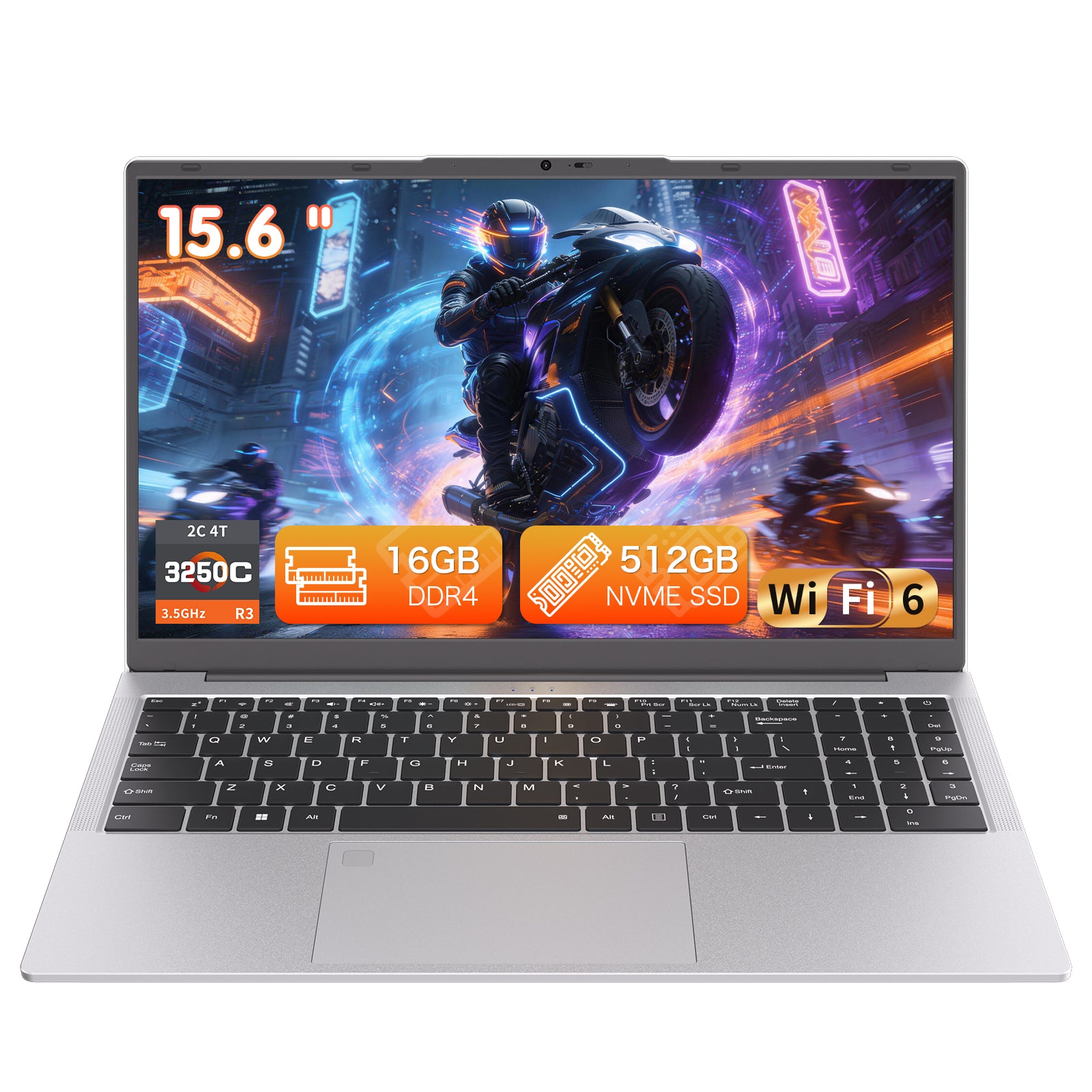 Auusda 2026 15.6" Silver Laptop, R3 3250C up to 3.5GHz, Win11 Compatible WiFi 6, Backlit Keyboard + Fingerprint, Dual Full-Featured Type-C, 6000mAh, Portable Laptop for Work, 16GB RAM 512GB SSD