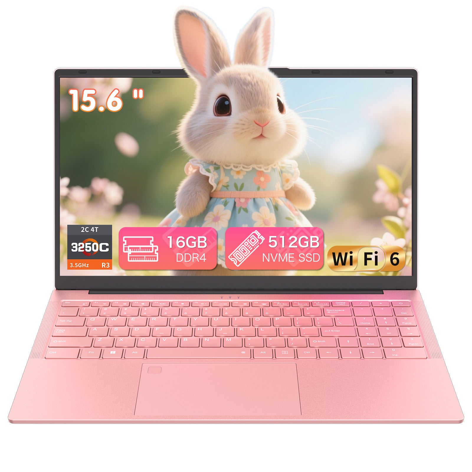 Auusda 2026 15.6" Pink Laptop, R3 3250C up to 3.5GHz, Win11 Compatible WiFi 6, Backlit Keyboard + Fingerprint, Dual Full-Featured Type-C, 6000mAh, Portable Laptop for Work, 16GB RAM 512GB SSD